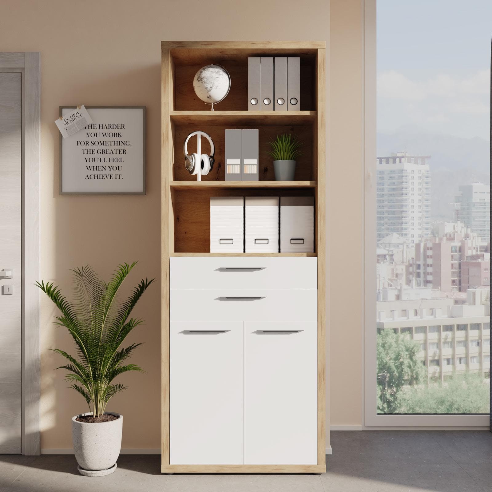 Libreria 82x217h cm rovere artisan con 2 ante e 2 cassetti bianco lucido - Homely office