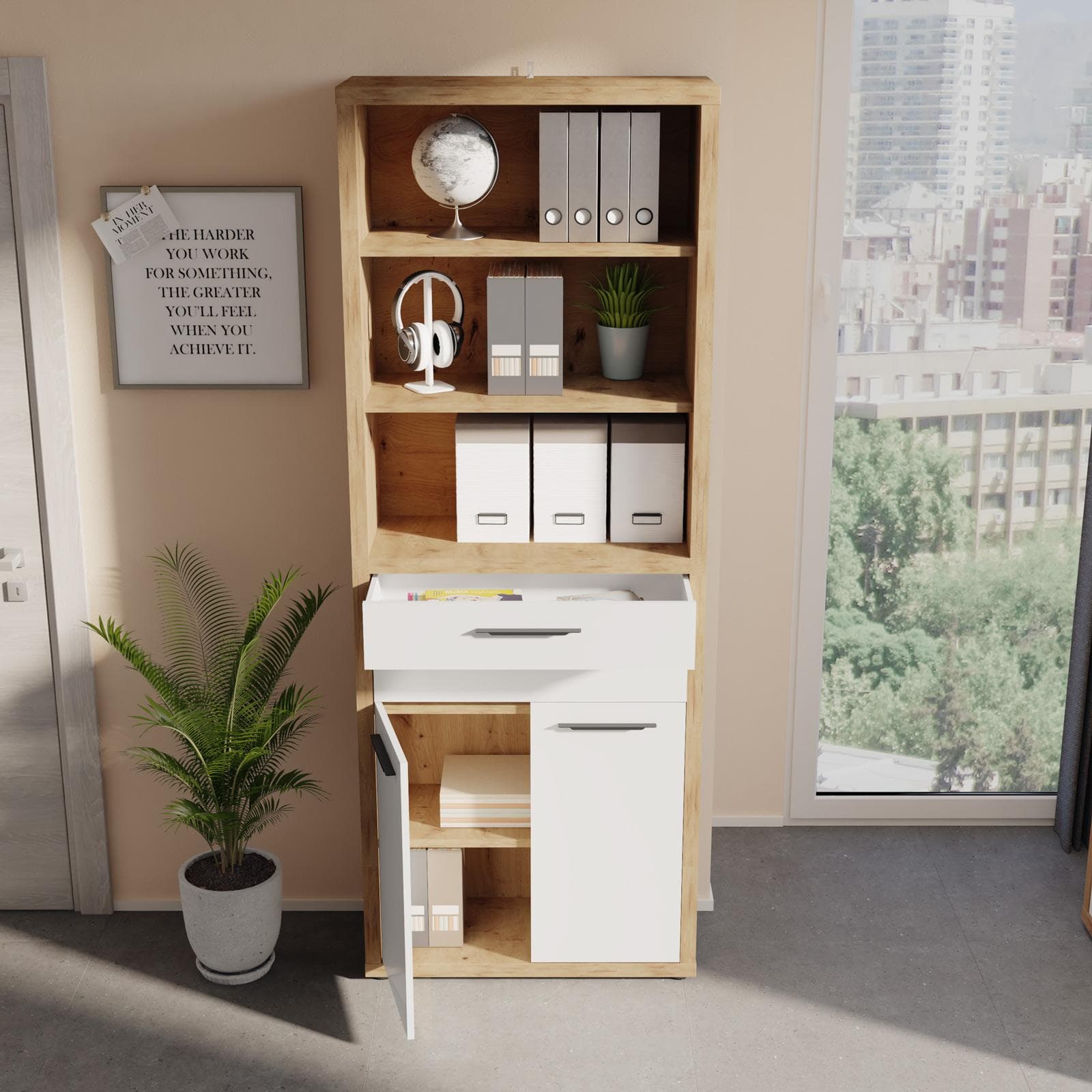 Libreria 82x217h cm rovere artisan con 2 ante e 2 cassetti bianco lucido - Homely office