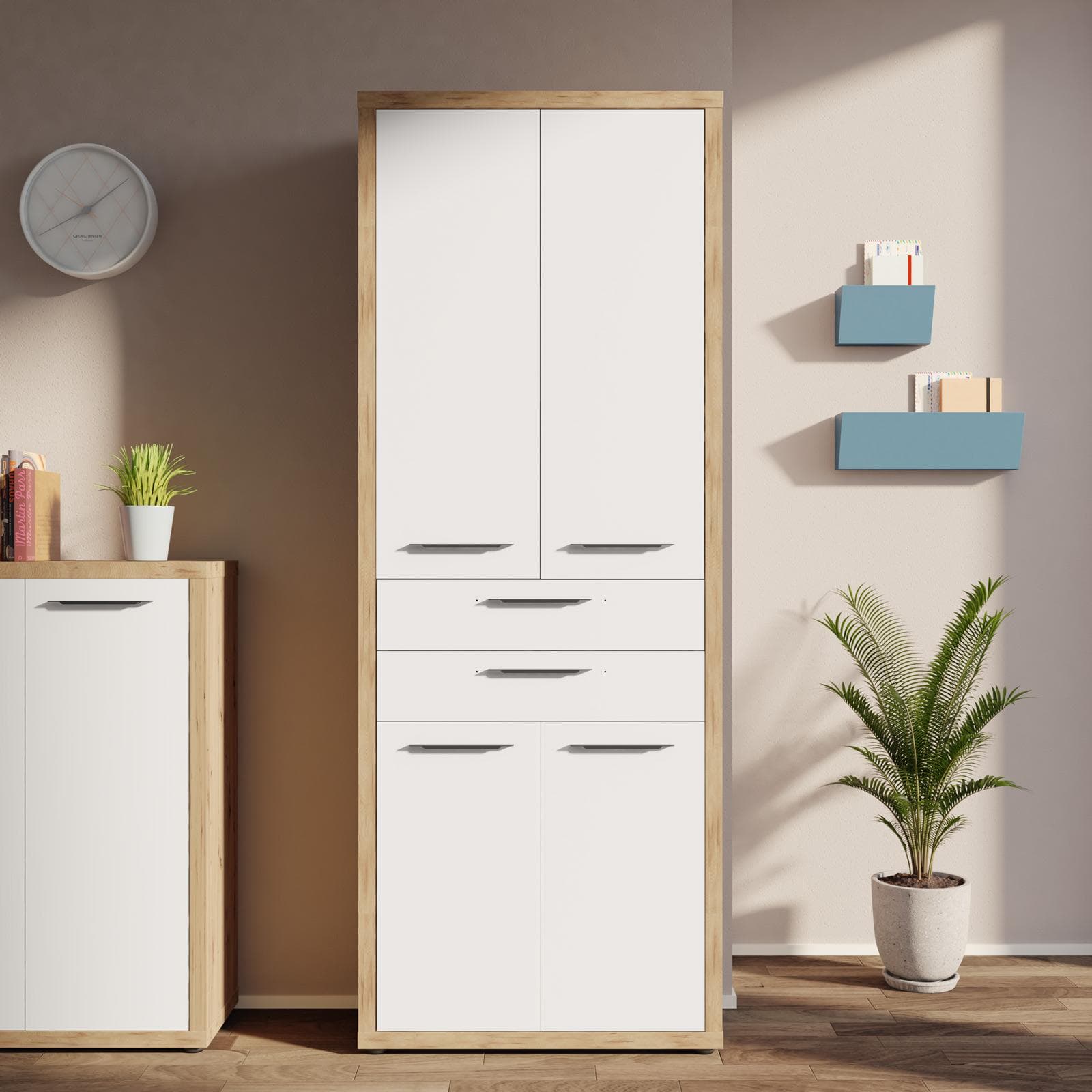 Mobile multiuso 82x217h cm rovere artisan con 4 ante e 2 cassetti bianco lucido - Homely office