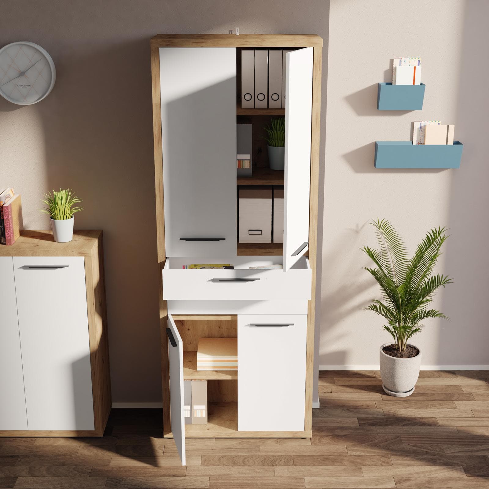 Mobile multiuso 82x217h cm rovere artisan con 4 ante e 2 cassetti bianco lucido - Homely office
