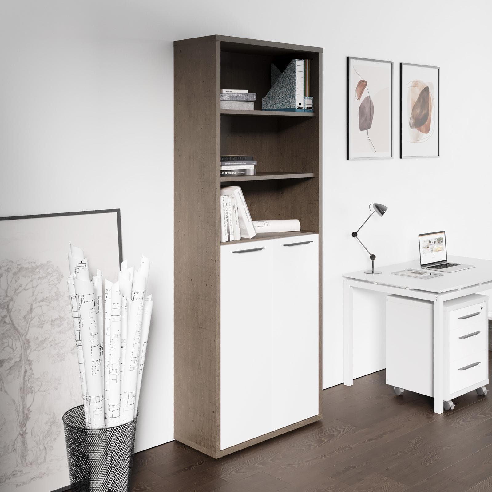 Libreria 82x217h cm rovere tartufo con 2 ante basse bianco lucido - Homely office