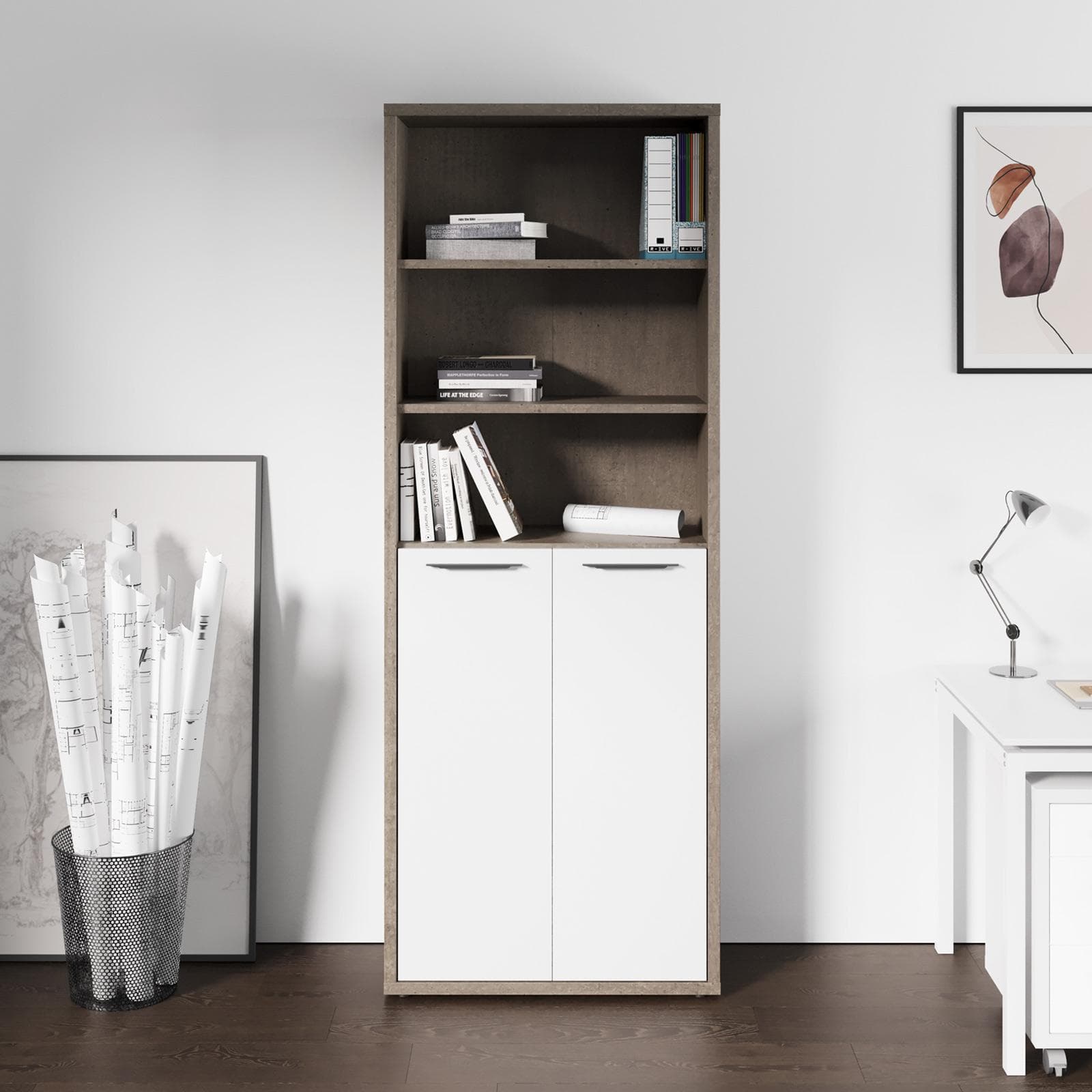 Libreria 82x217h cm rovere tartufo con 2 ante basse bianco lucido - Homely office