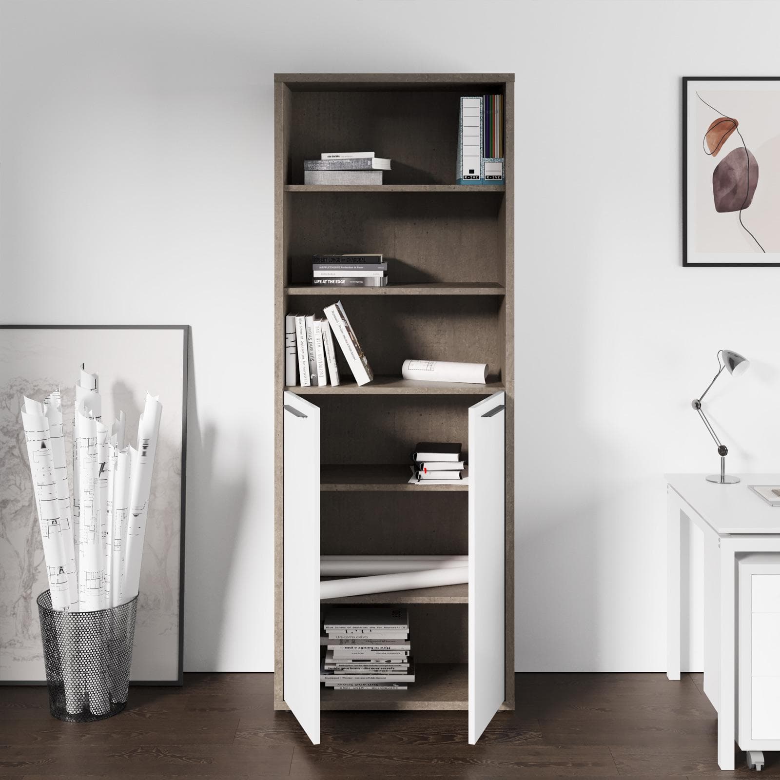 Libreria 82x217h cm rovere tartufo con 2 ante basse bianco lucido - Homely office