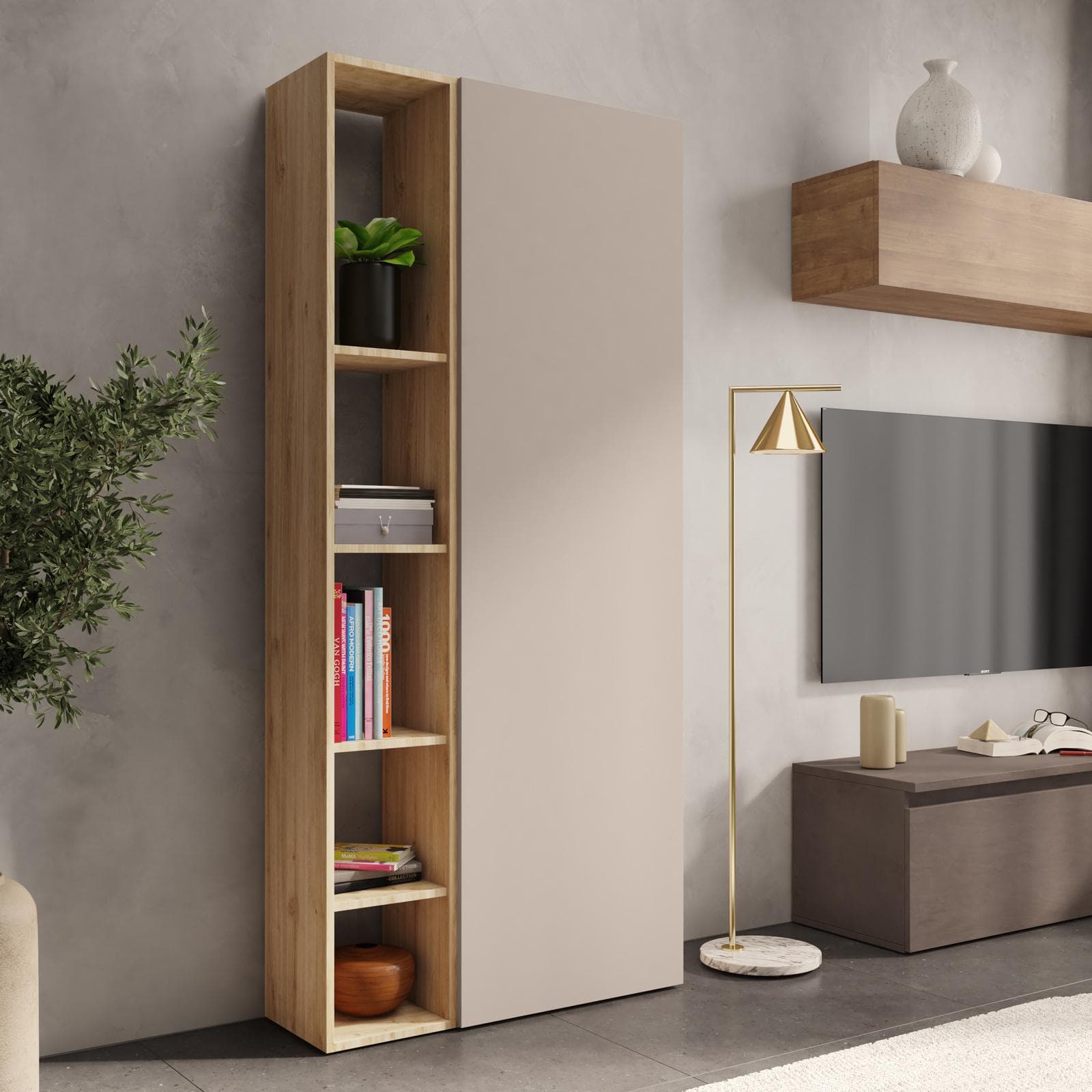 Libreria 82x185h cm 2 elementi con vani a giorno cadiz e anta cashmere - Clary