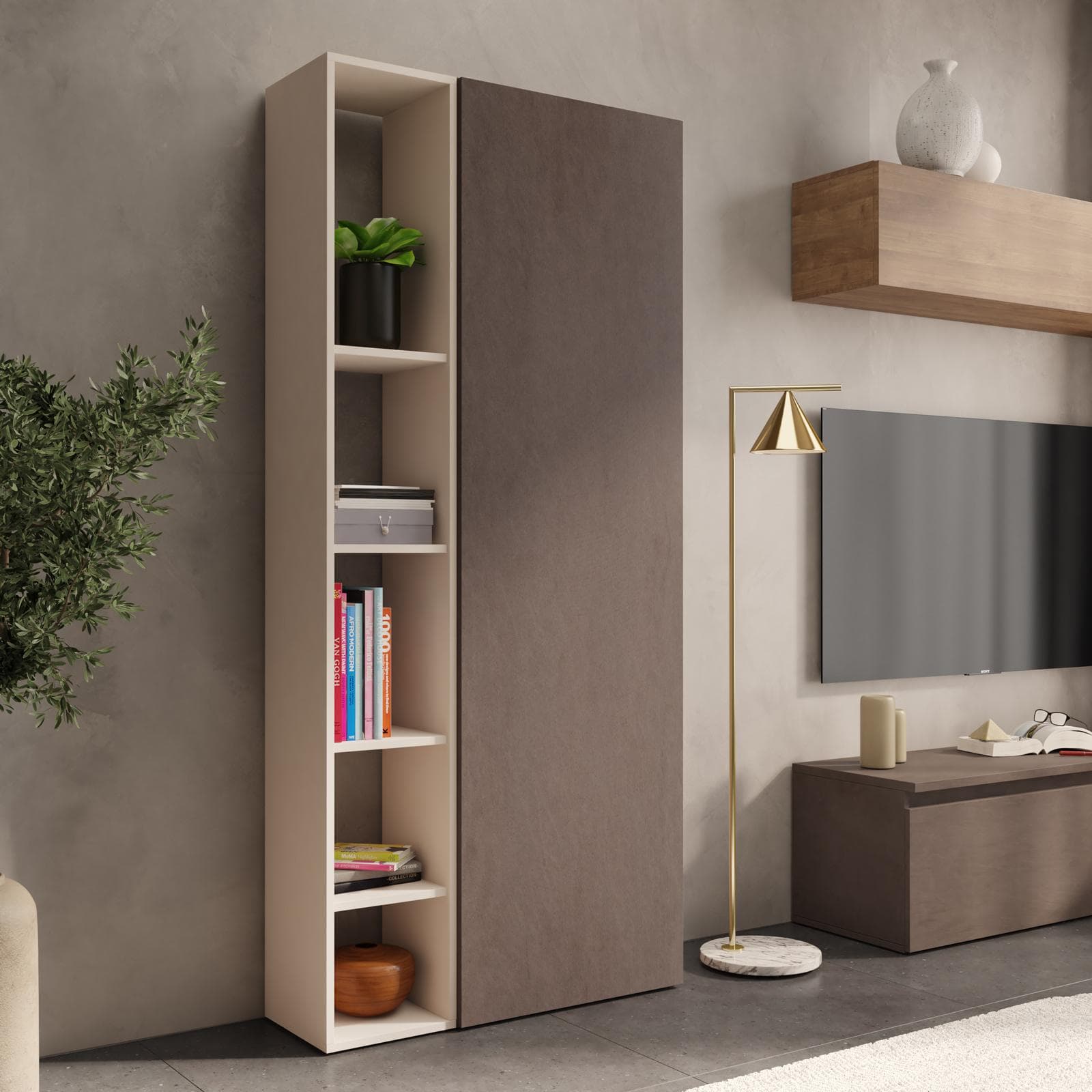 Libreria 82x185h cm 2 elementi con vani a giorno cashmere e anta bronzo - Clary
