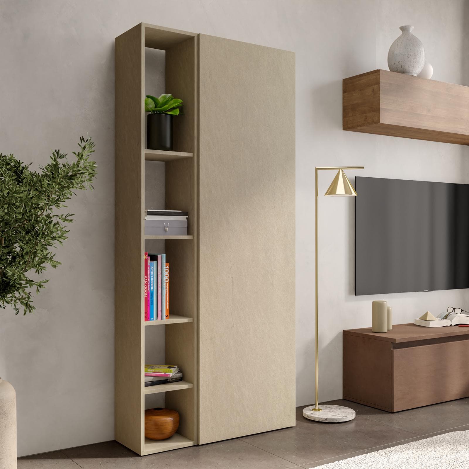 Libreria 82x185h cm 2 elementi in argilla con vani a giorno e anta - Clary