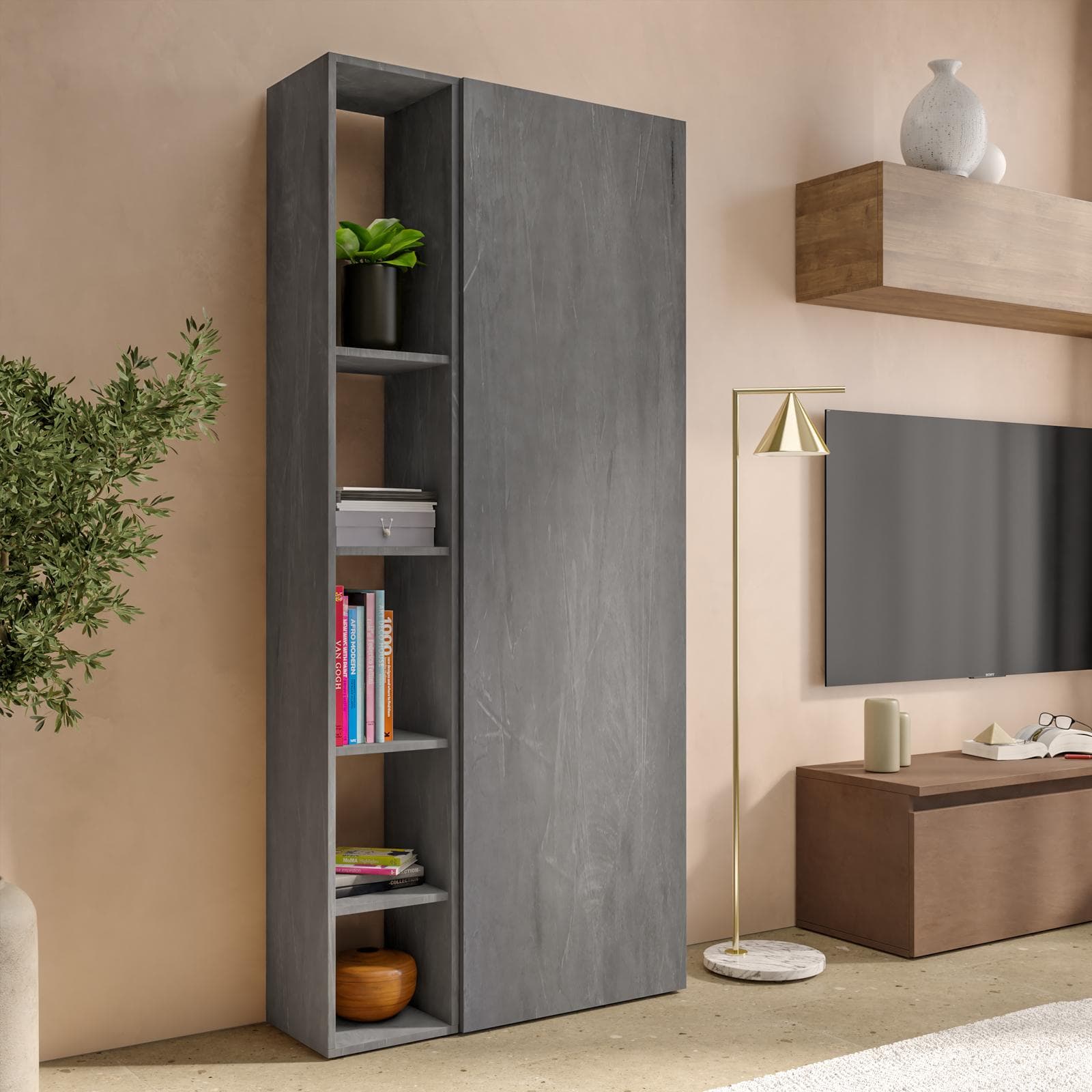Libreria 82x185h cm 2 elementi piombo con vani a giorno e anta - Clary