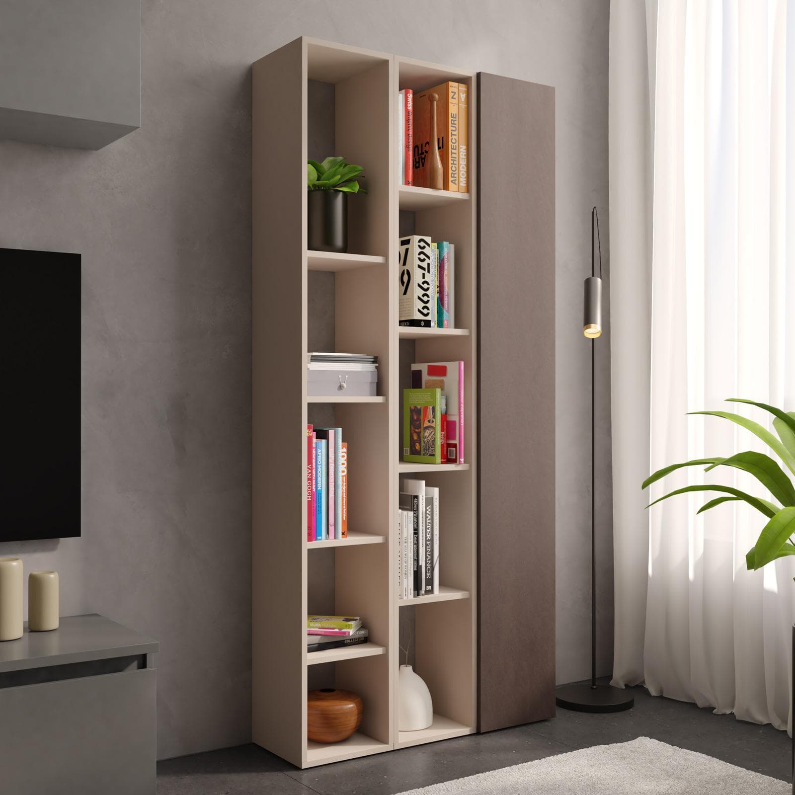 Libreria 83x185h cm 3 elementi con vani a giorno cashmere e anta bronzo - Clary