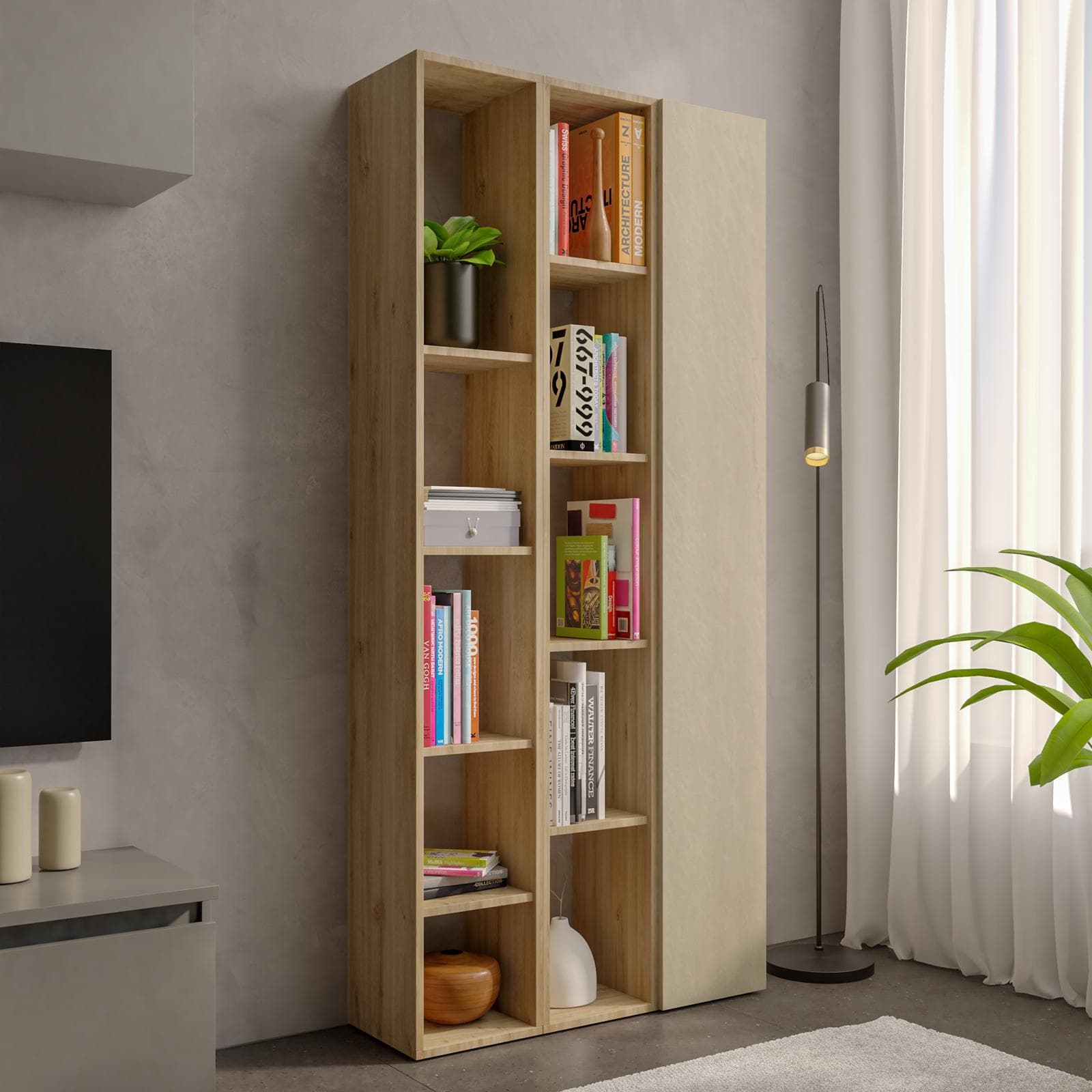Libreria 83x185h cm 3 elementi con vani a giorno cadiz e anta argilla - Clary