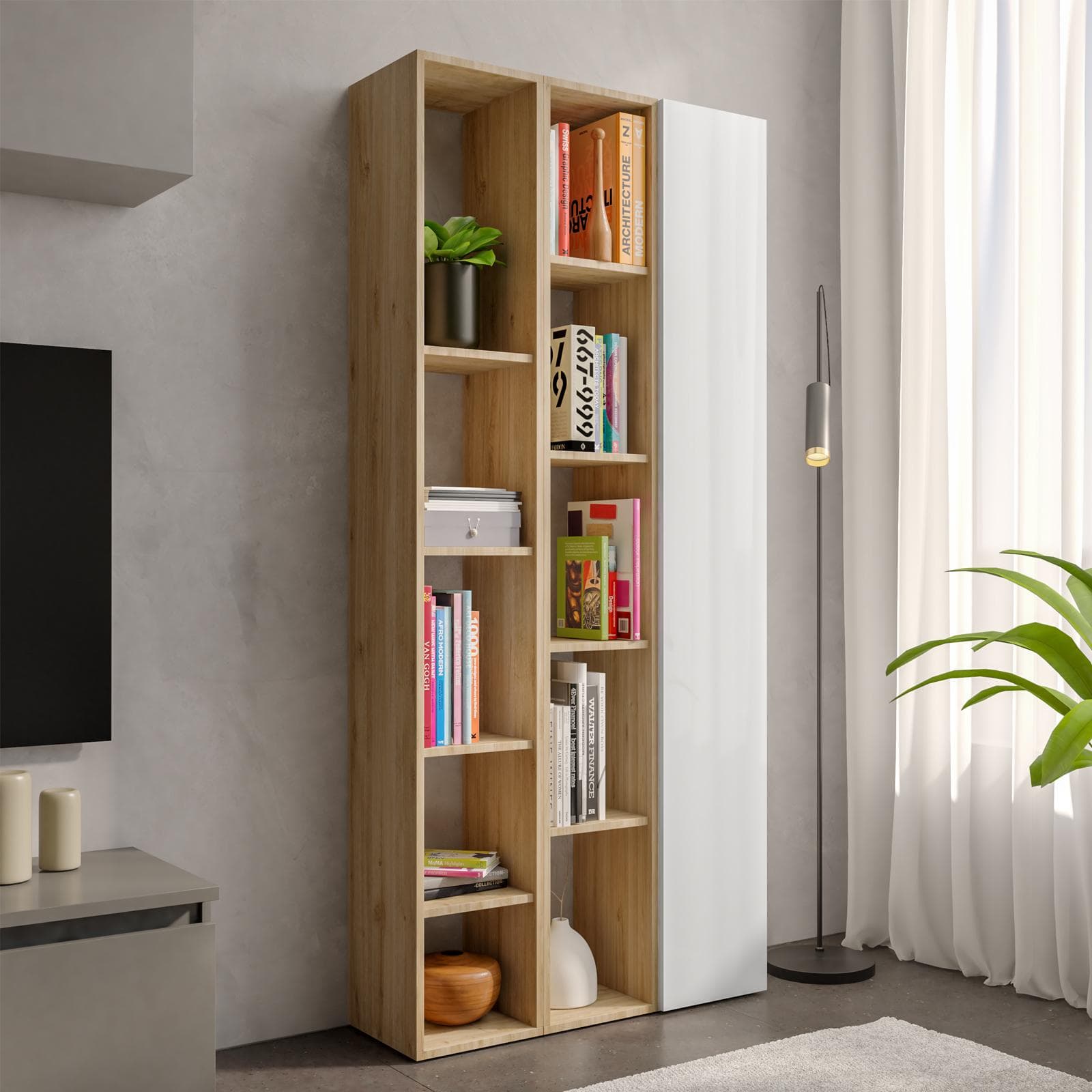 Libreria 83x185h cm 3 elementi con vani a giorno cadiz e anta bianco lucido - Clary