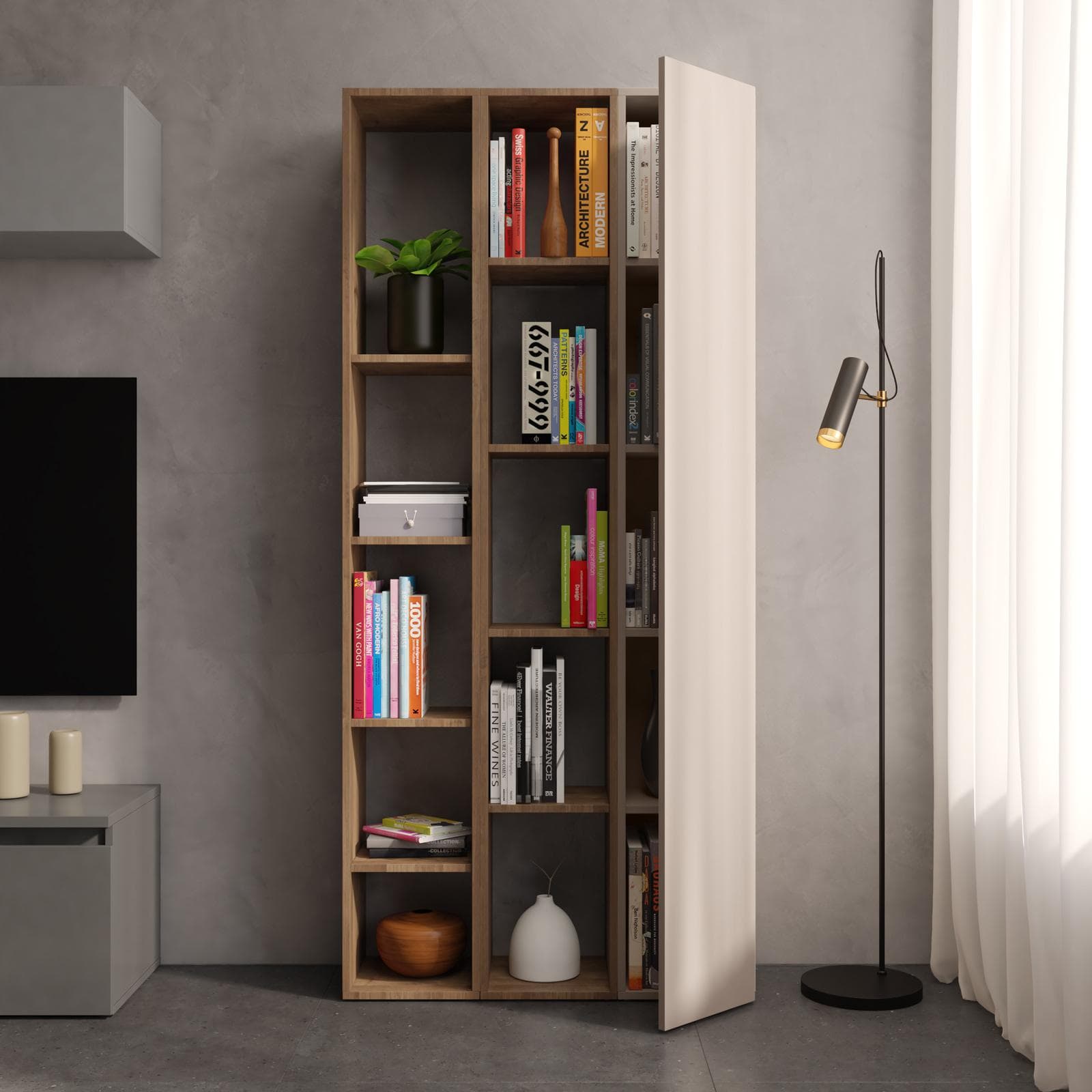 Libreria 83x185h cm 3 elementi con vani a giorno mercure e anta cashmere - Clary