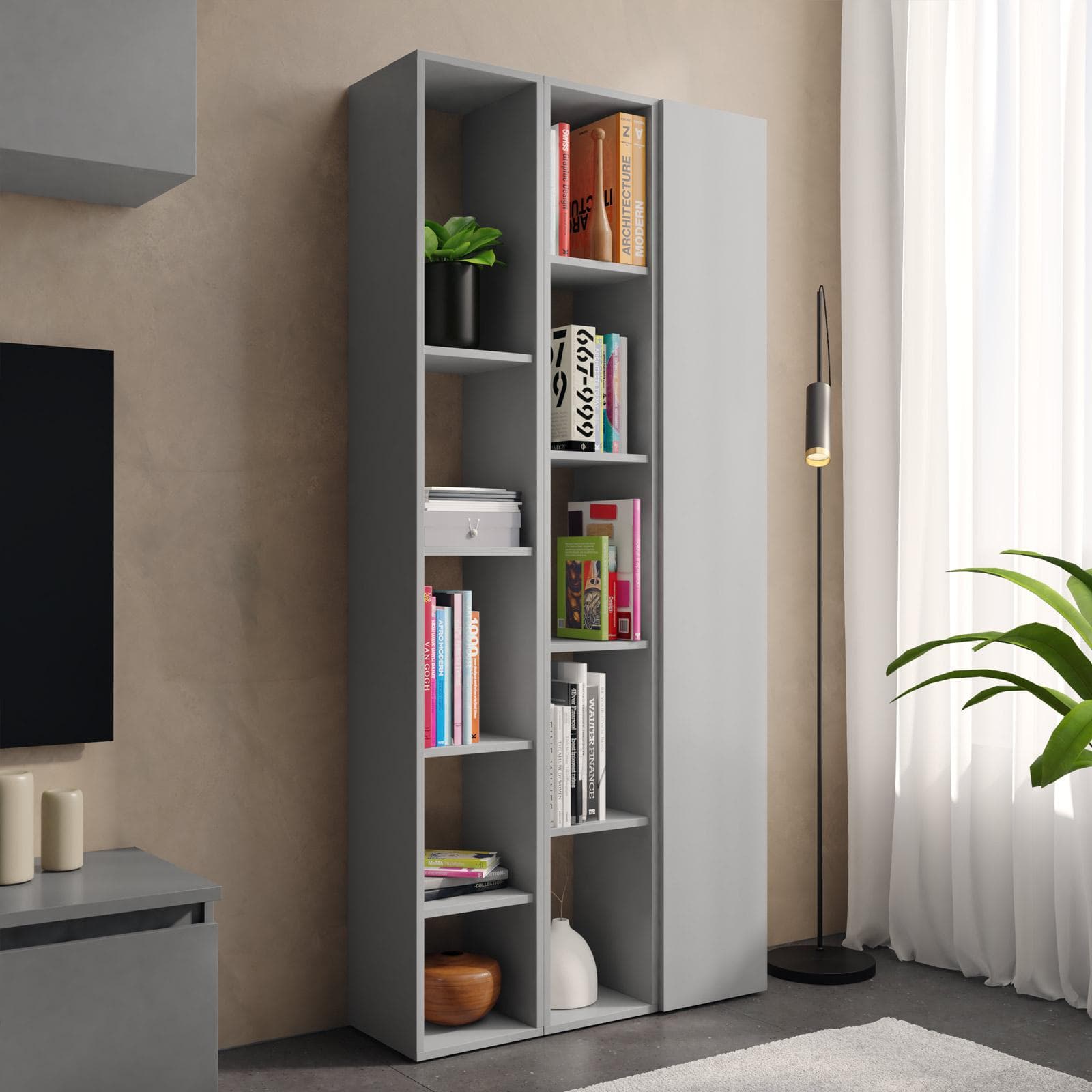 Libreria 83x185h cm 3 elementi ardesia con vani a giorno e anta - Clary