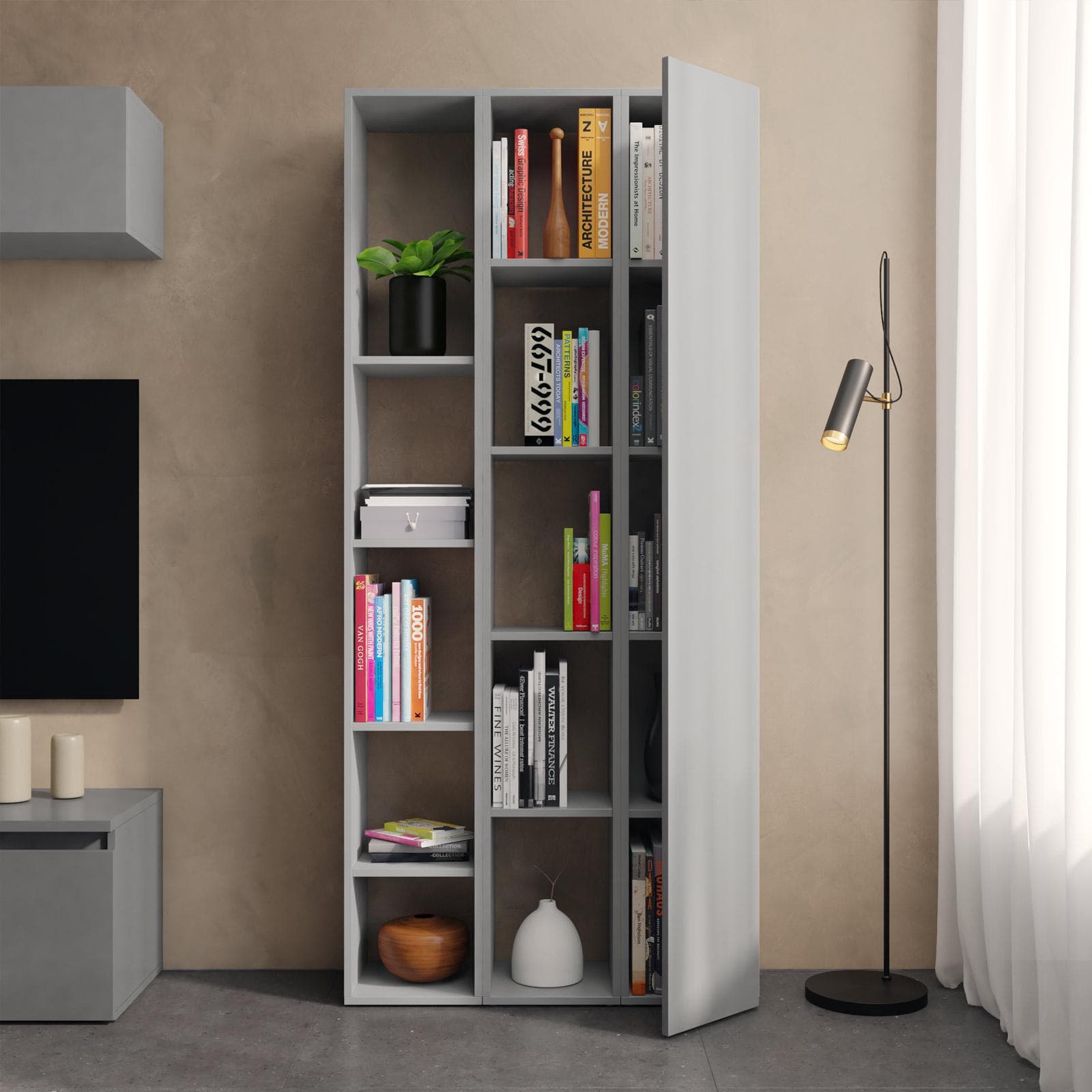 Libreria 83x185h cm 3 elementi ardesia con vani a giorno e anta - Clary