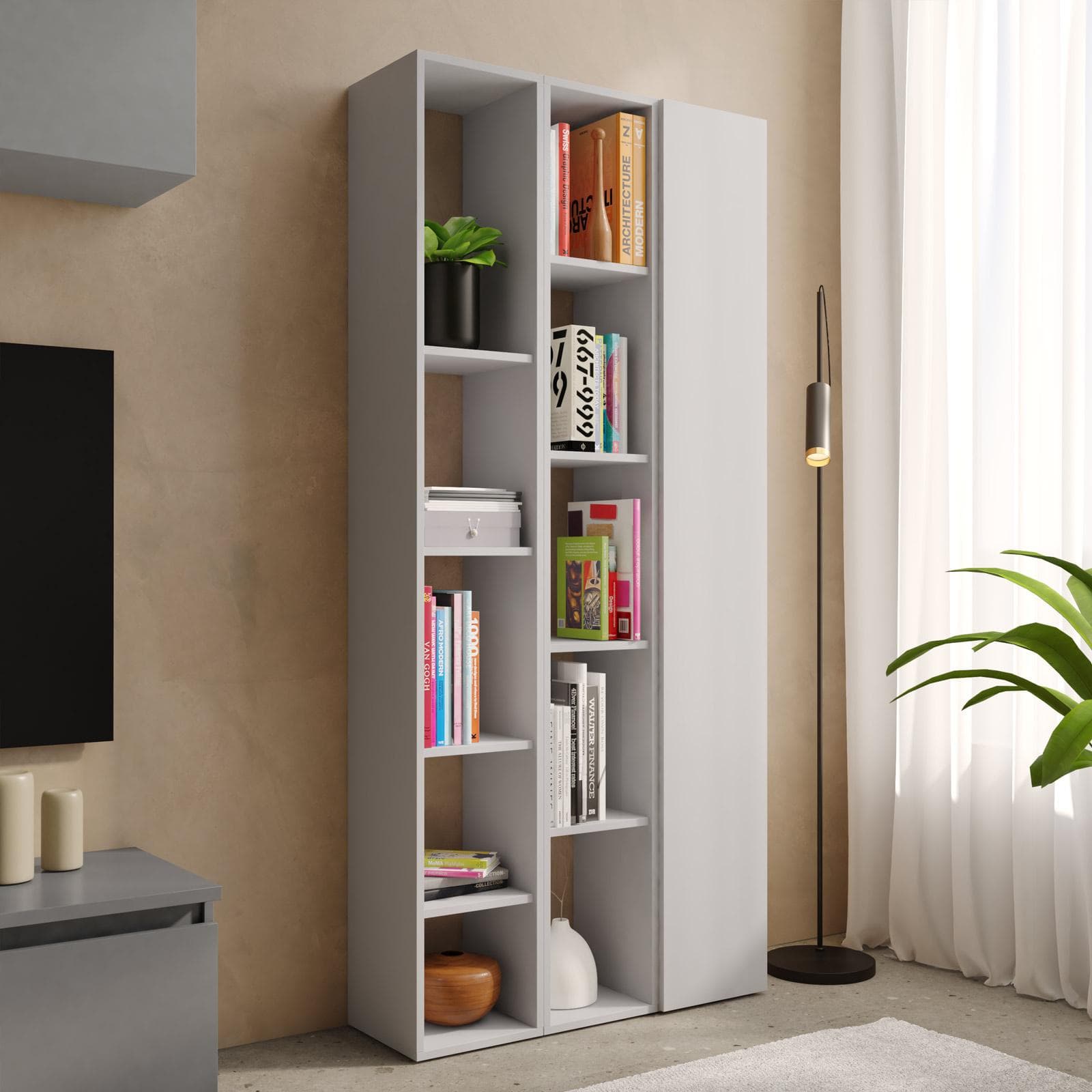 Libreria 83x185h cm 3 elementi gesso con vani a giorno e anta - Clary