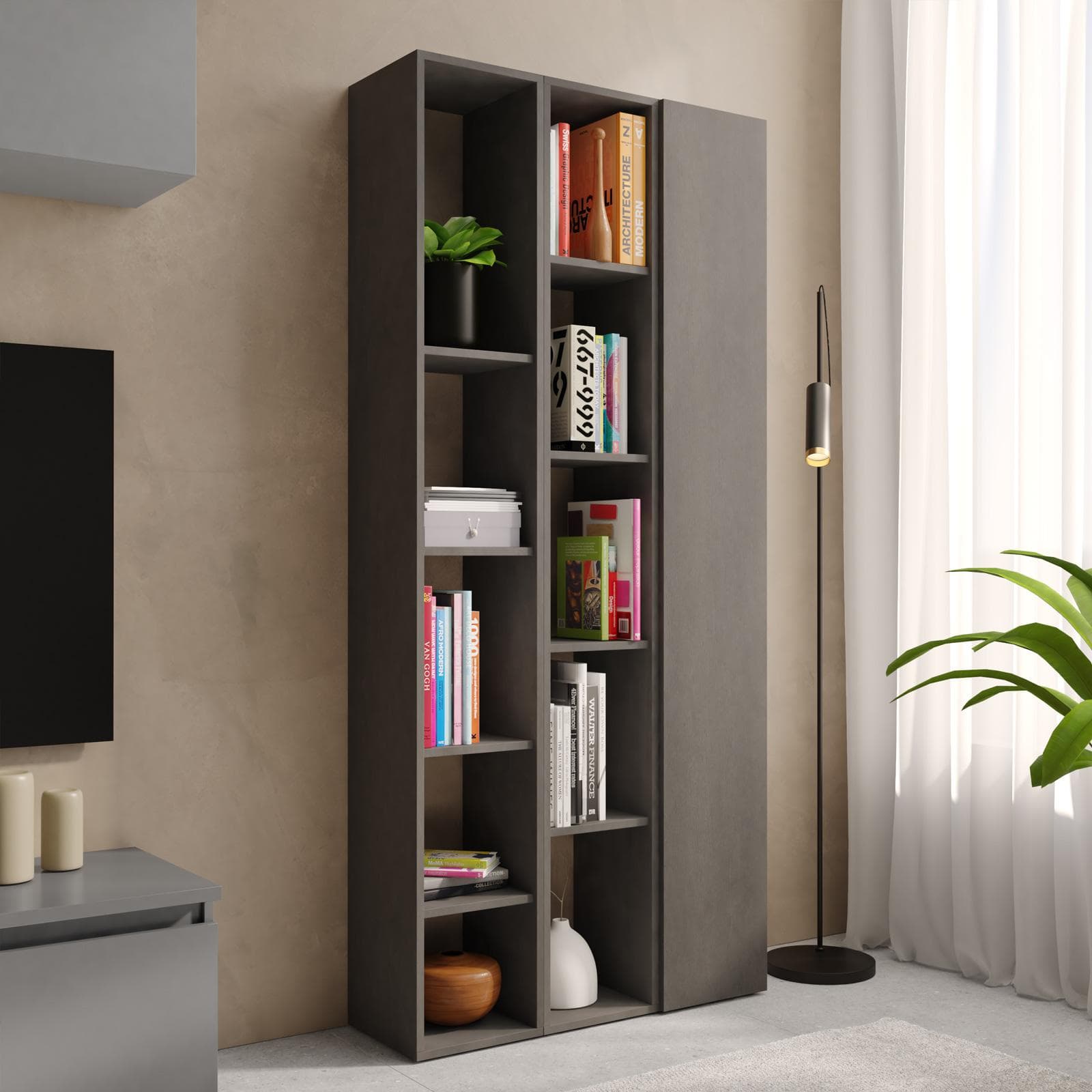 Libreria 83x185h cm 3 elementi lava con vani a giorno e anta - Clary