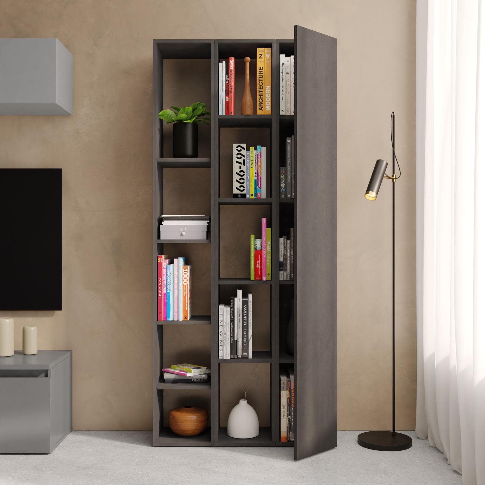 Libreria 83x185h cm 3 elementi lava con vani a giorno e anta - Clary