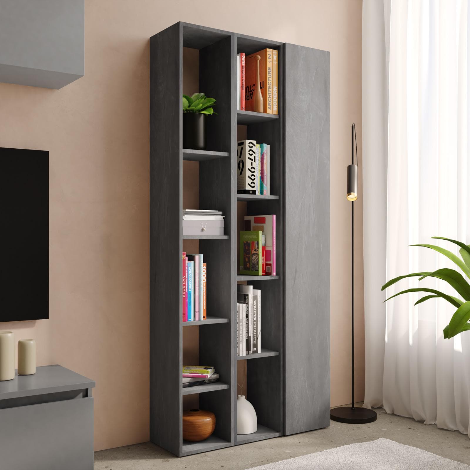 Libreria 83x185h cm 3 elementi piombo con vani a giorno e anta - Clary