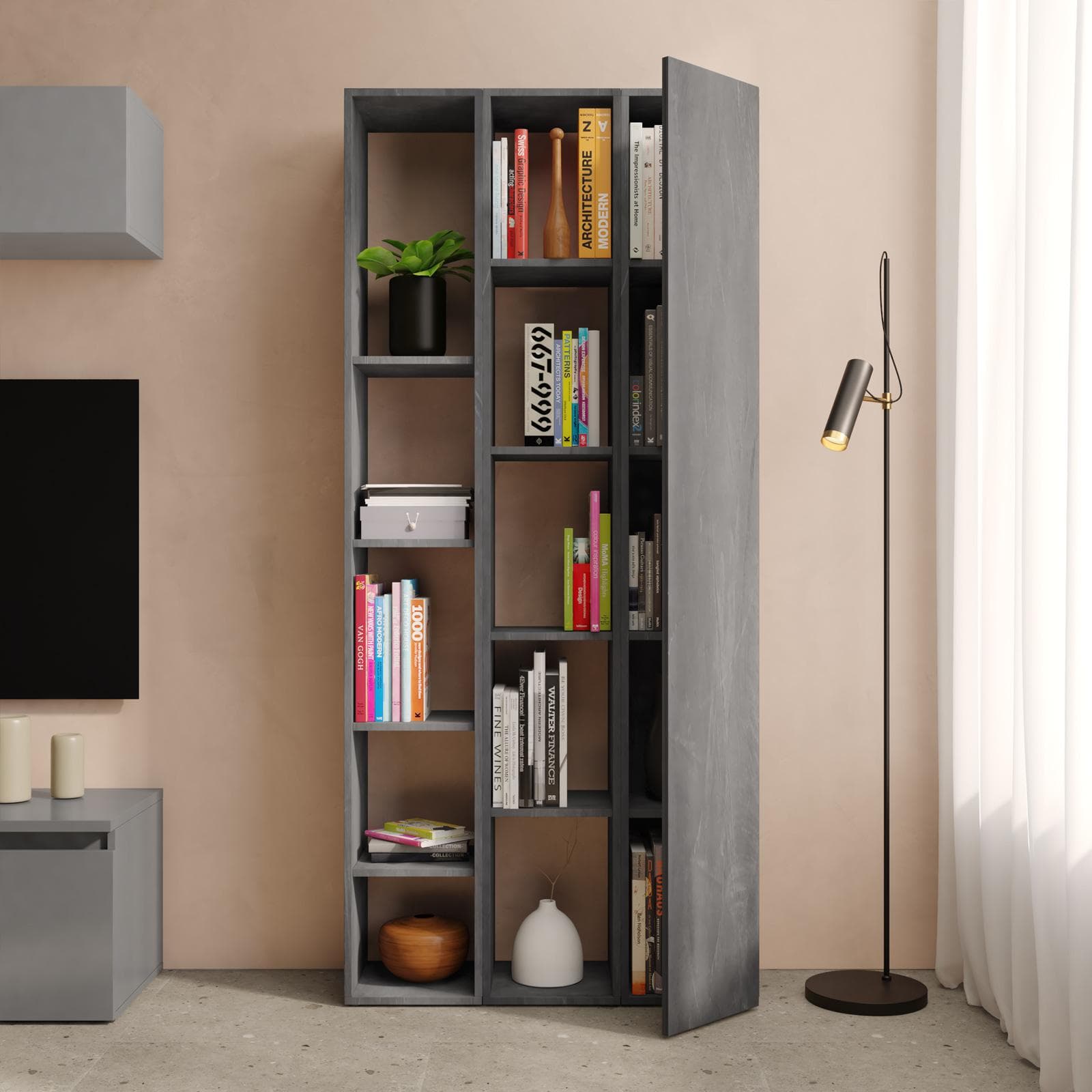 Libreria 83x185h cm 3 elementi piombo con vani a giorno e anta - Clary