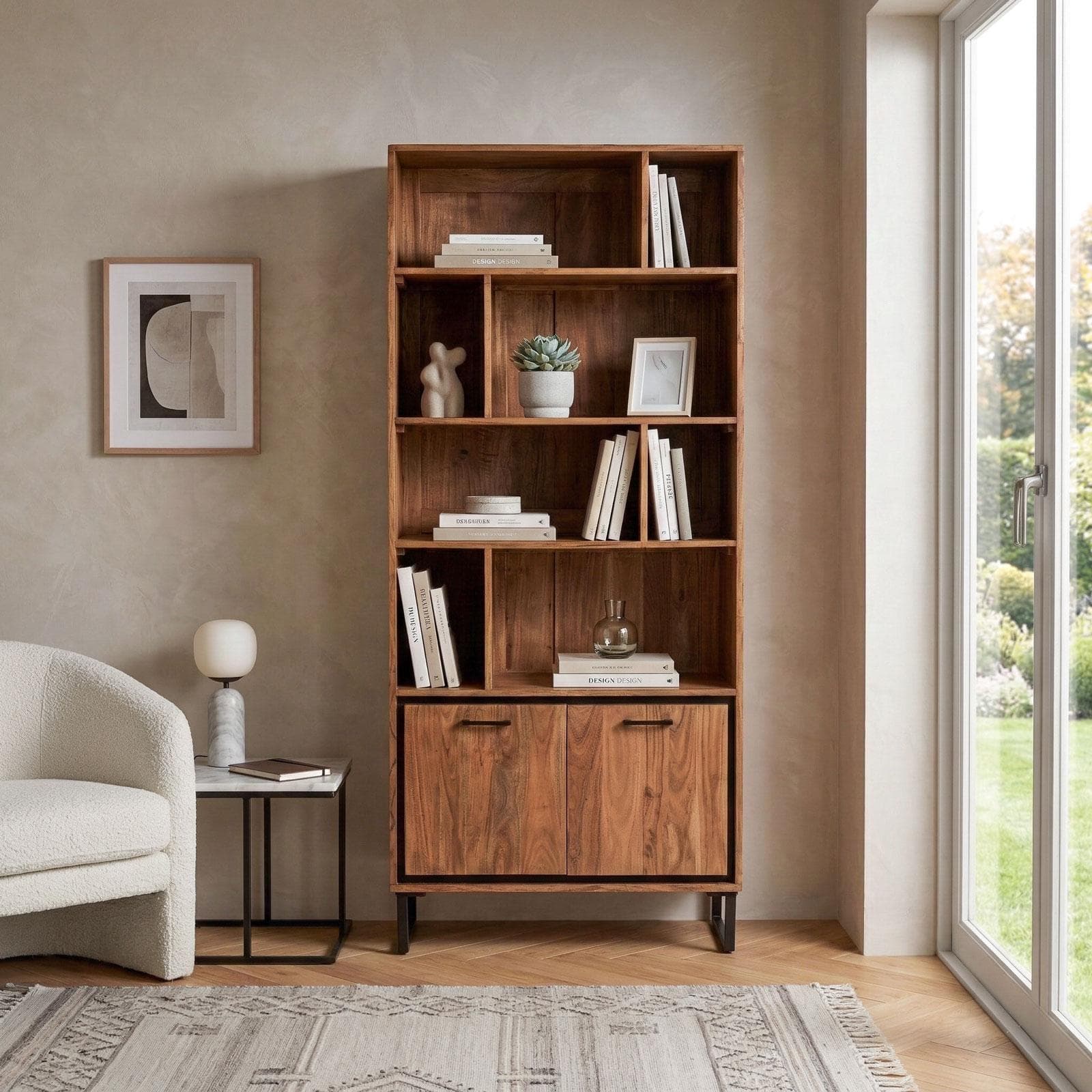 Libreria 88x195h cm in legno di acacia e metallo nero con 2 ante - Freia Stone