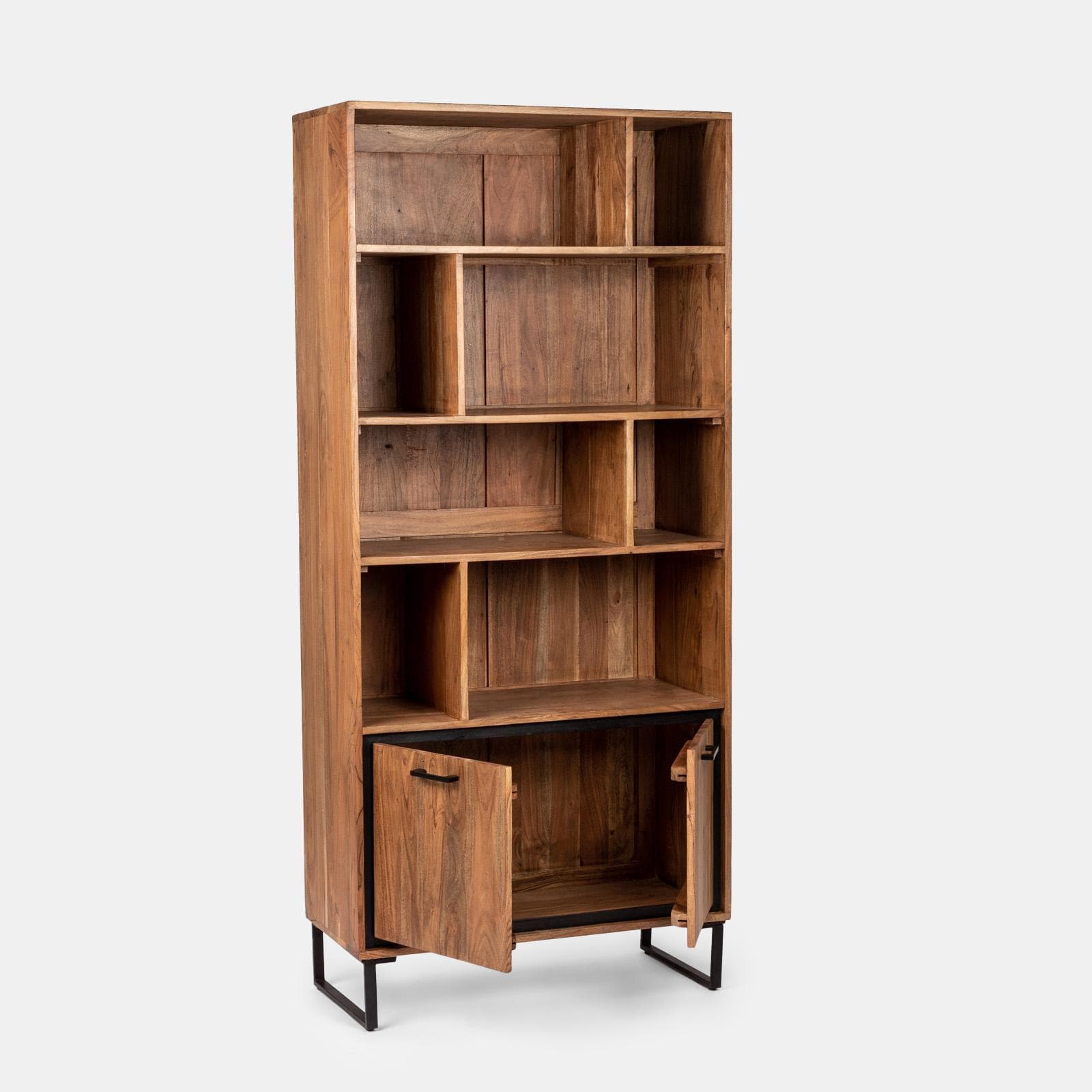 Libreria 88x195h cm in legno di acacia e metallo nero con 2 ante - Freia Stone