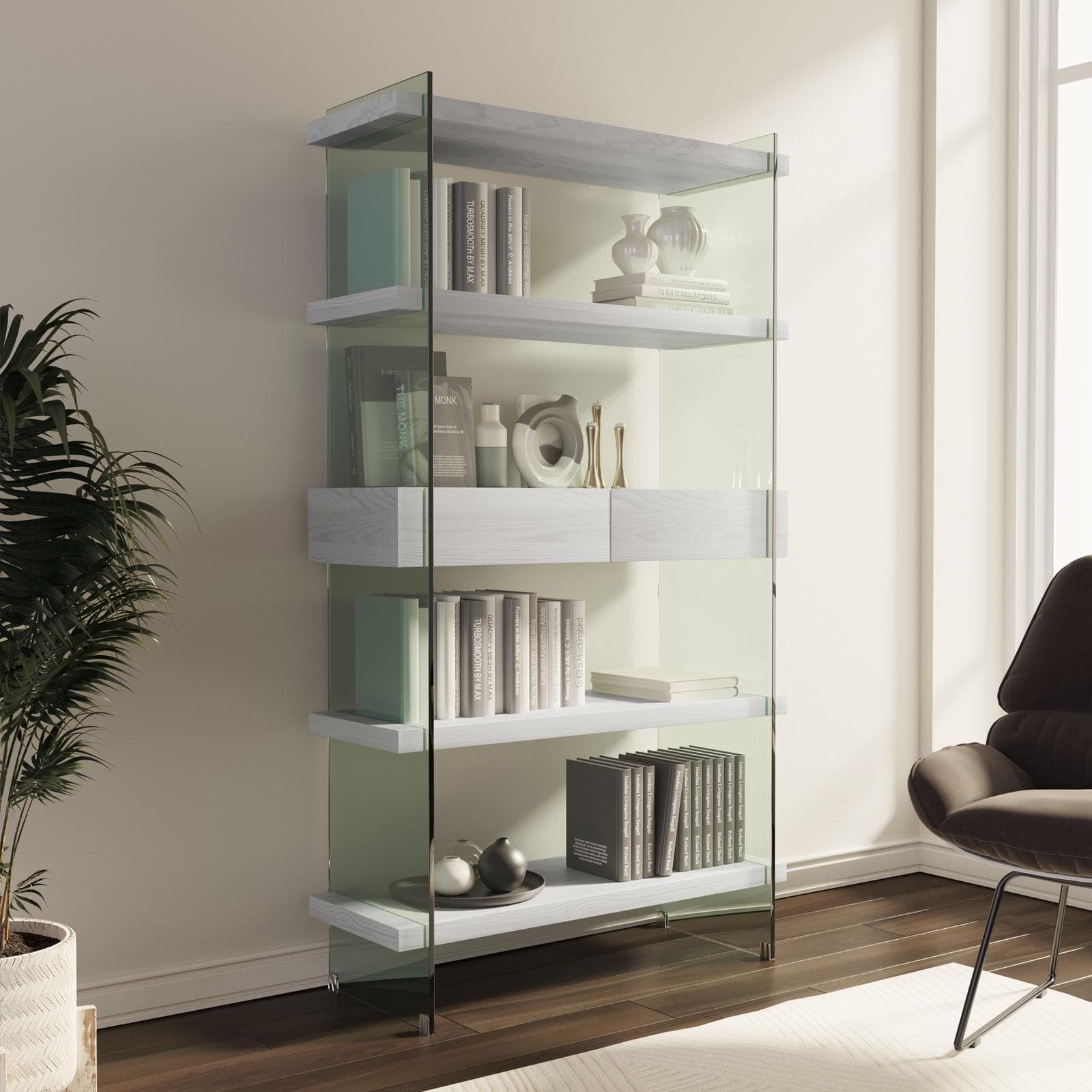 Libreria 90x180h cm in vetro temperato con ripiani e cassetti in legno bianco - City