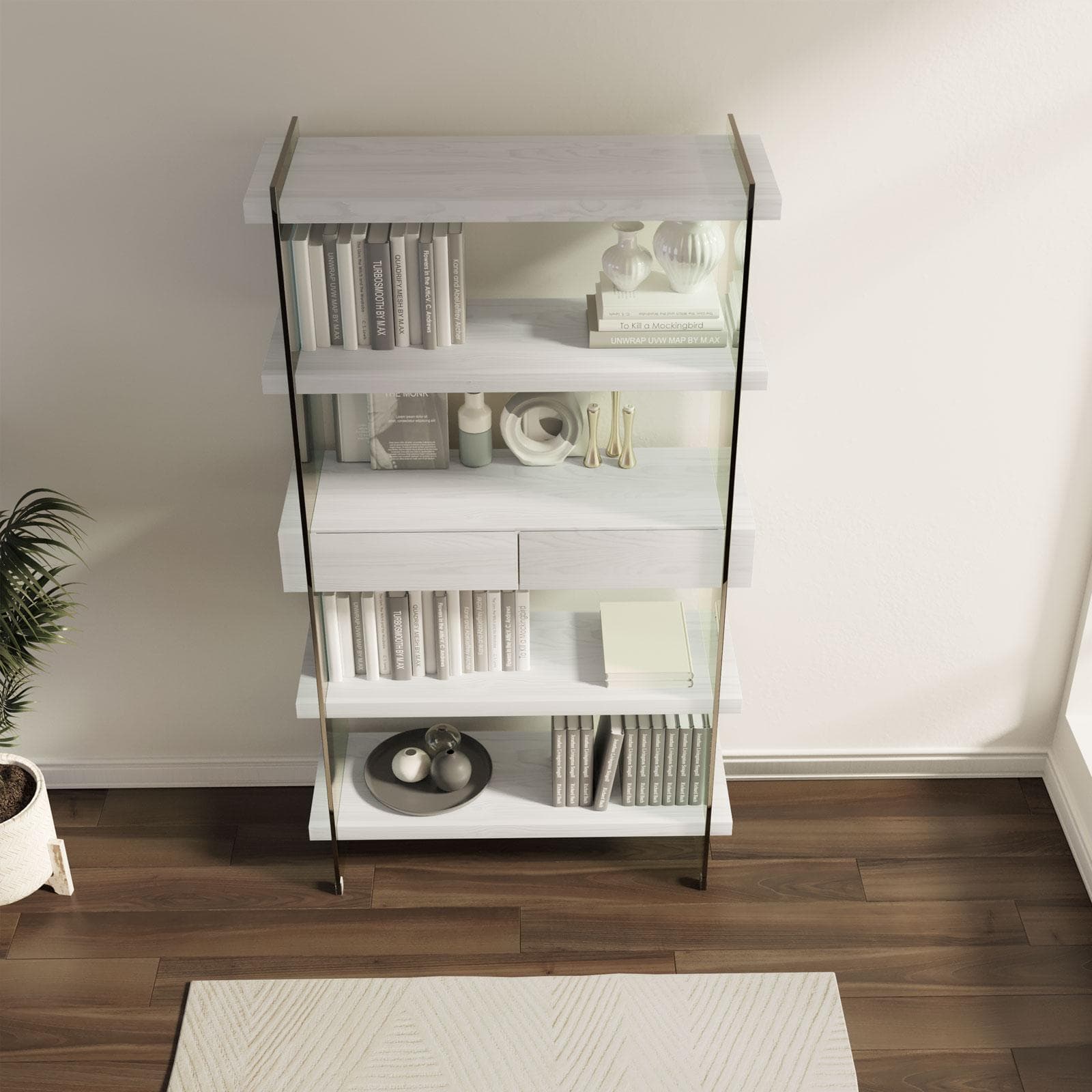 Libreria 90x180h cm in vetro temperato con ripiani e cassetti in legno bianco - City