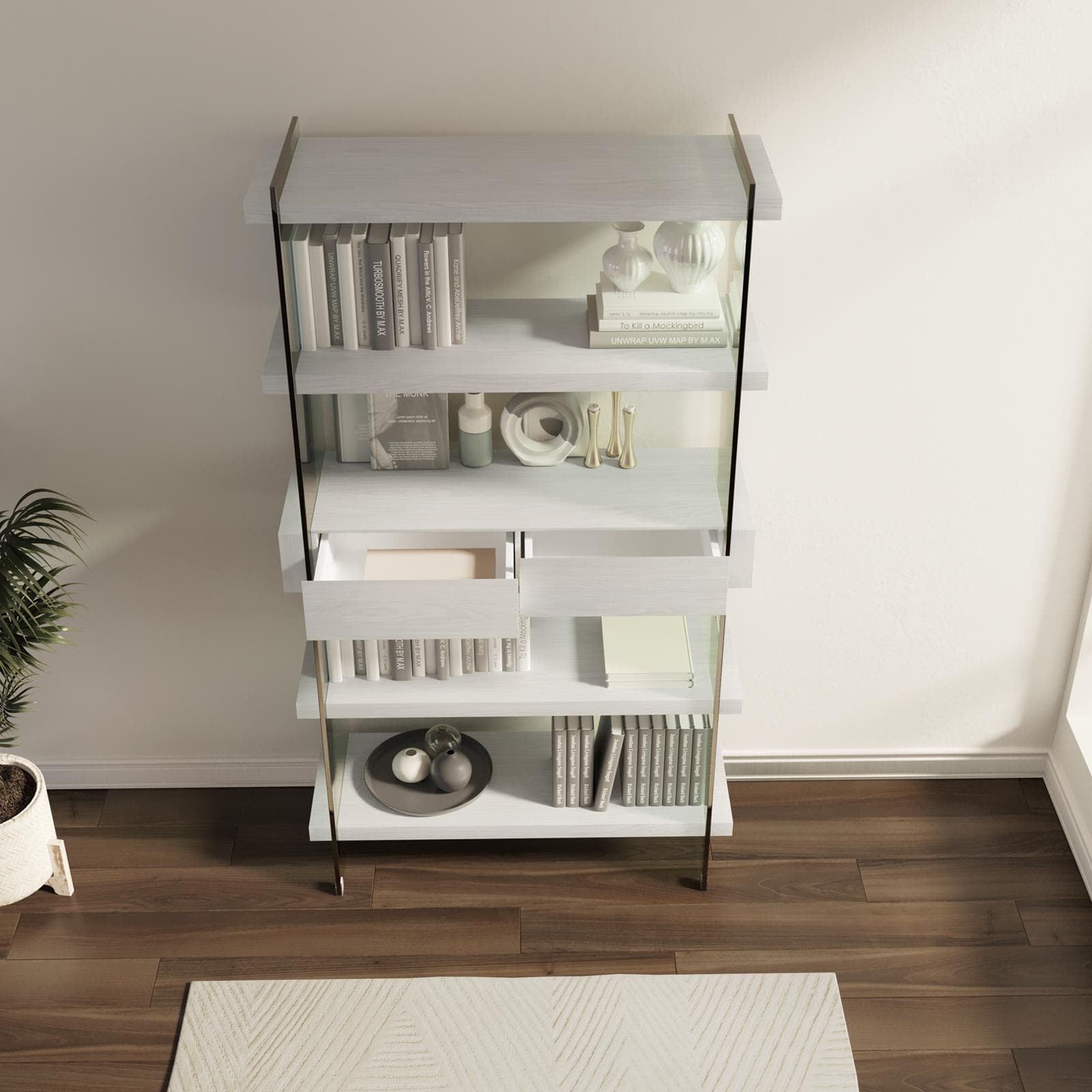 Libreria 90x180h cm in vetro temperato con ripiani e cassetti in legno bianco - City