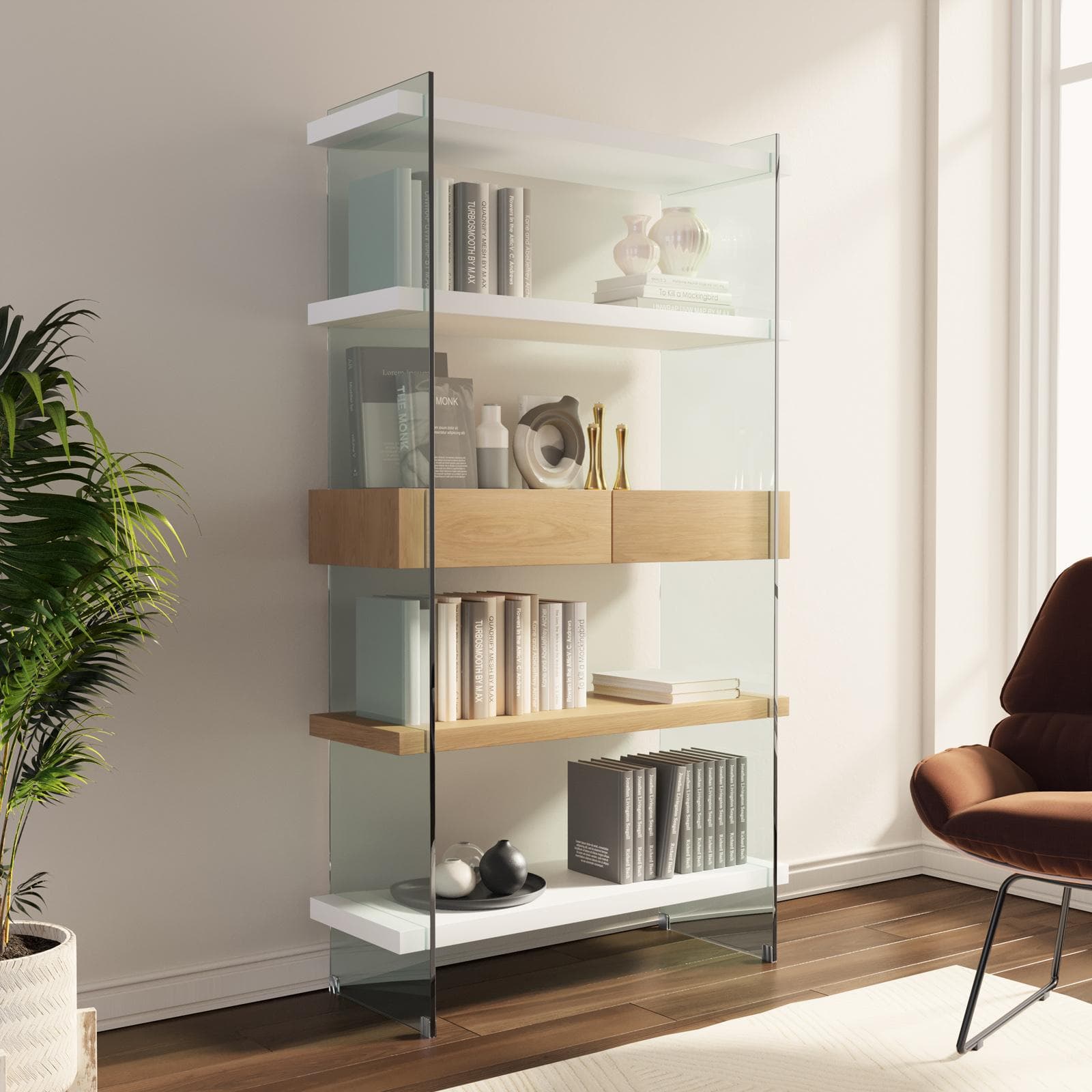 Libreria 90x180h cm in vetro temperato con ripiani e cassetti bianco e rovere - City