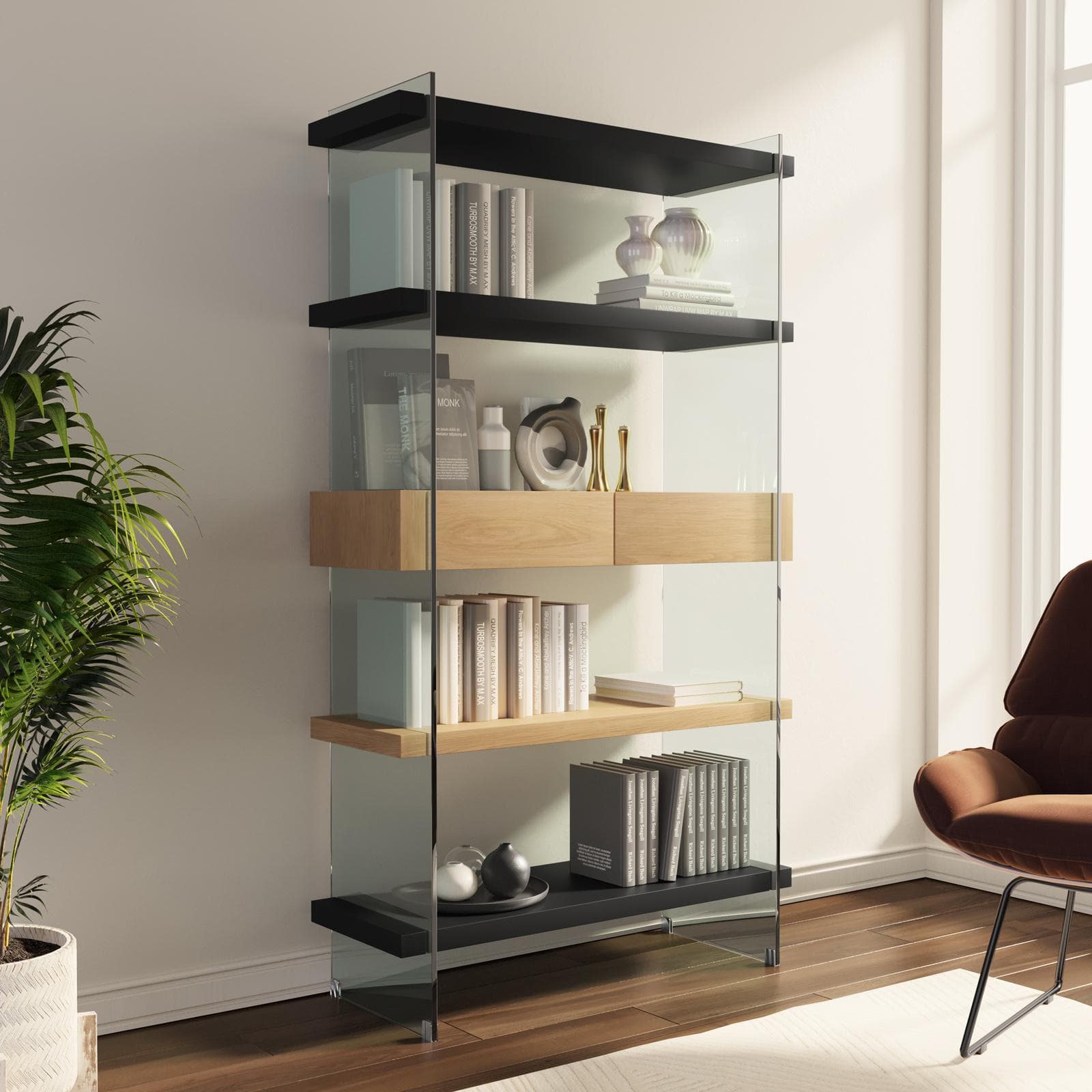 Libreria 90x180h cm in vetro temperato con ripiani e cassetti nero e rovere - City