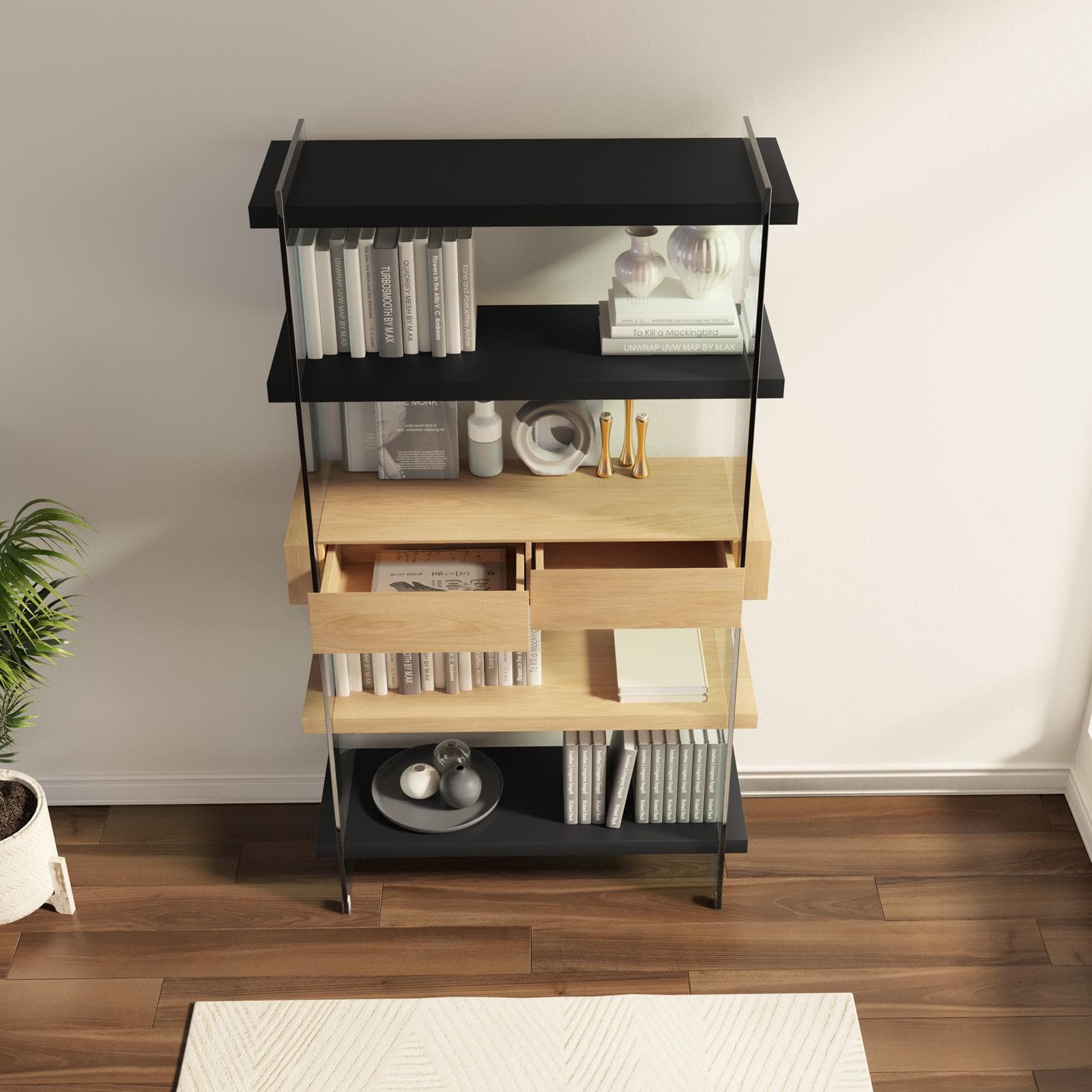 Libreria 90x180h cm in vetro temperato con ripiani e cassetti nero e rovere - City