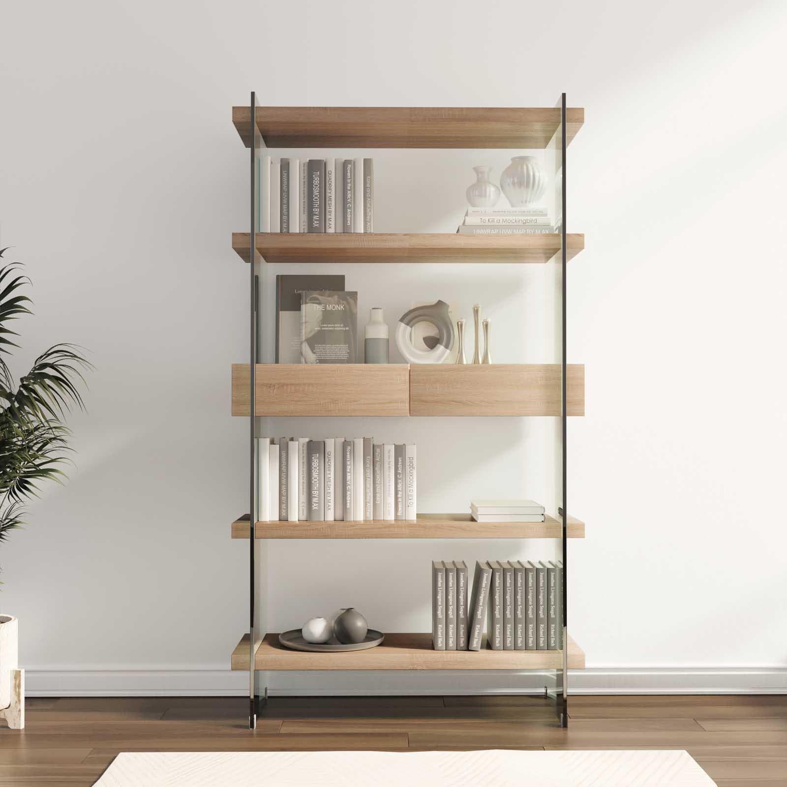 Libreria 90x180h cm in vetro temperato con ripiani e cassetti rovere - City
