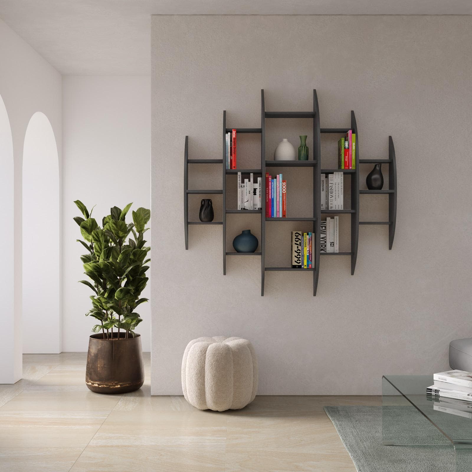 Libreria a muro sospesa 146x147h cm in legno antracite - Carelia