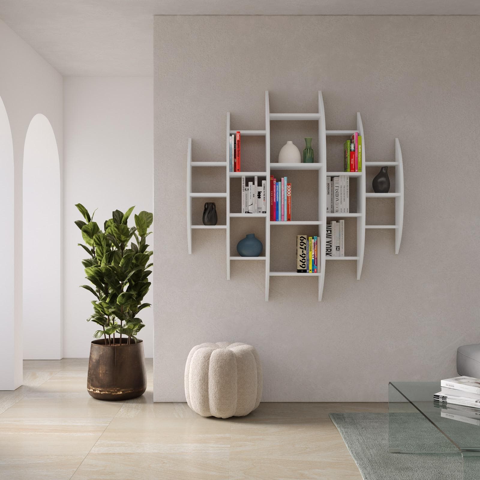 Libreria a muro sospesa 146x147h cm in legno bianco - Carelia