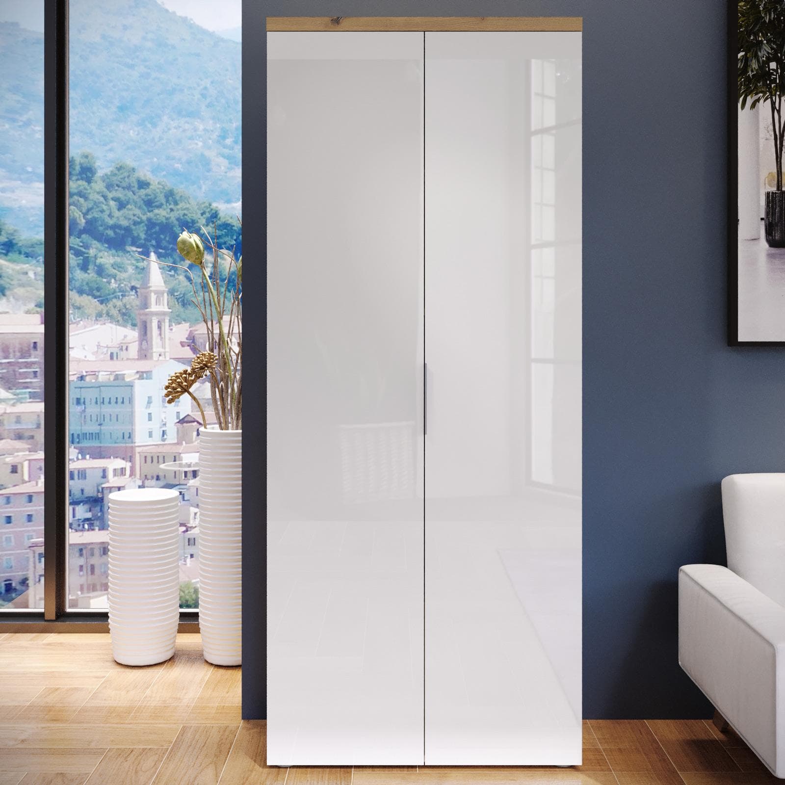 ISAAC LIBRERIA ALTA 80,2 X 34 X 192 CM 2 ANTE BIANCO LUCIDO E ROVERE ARTISAN