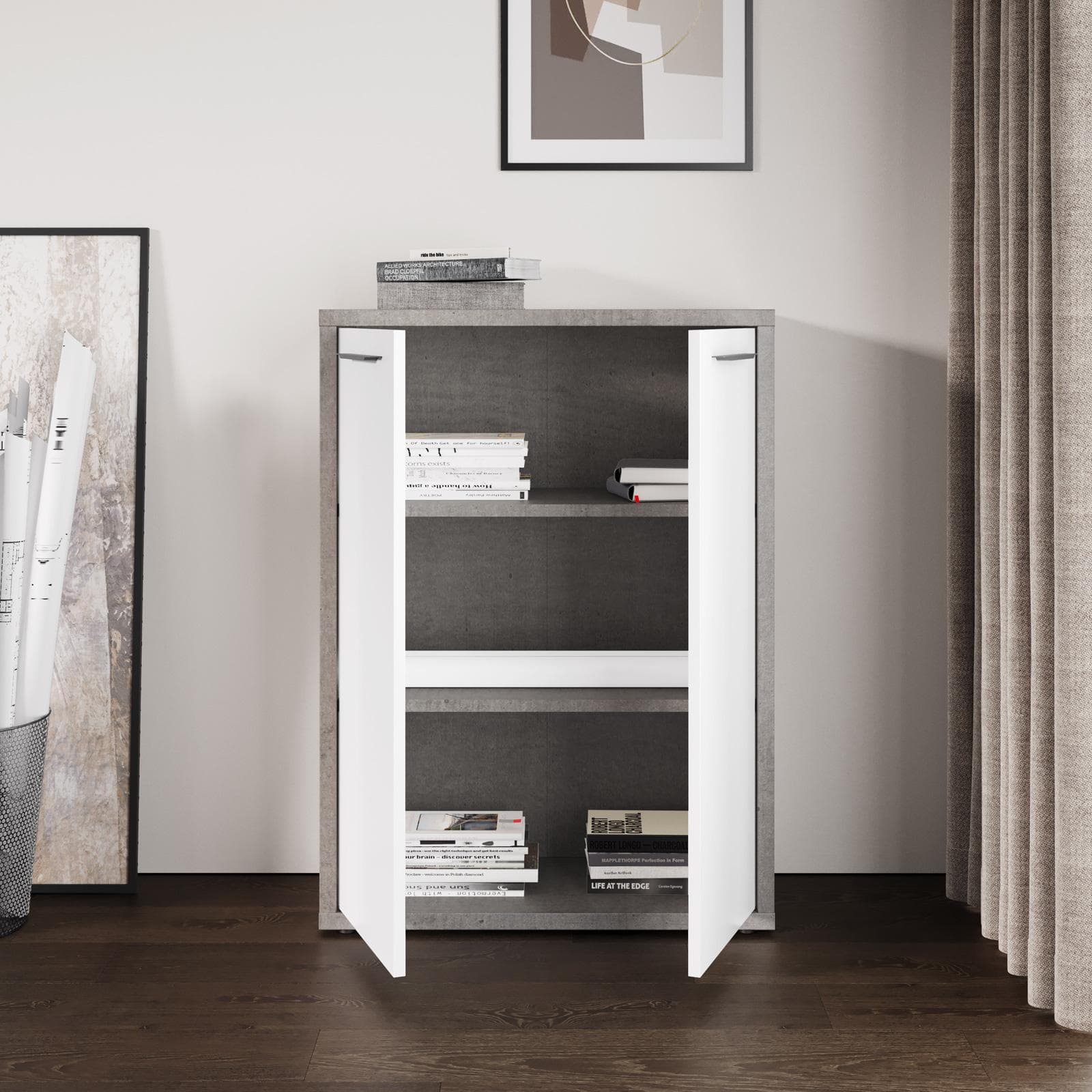 Mobile multiuso 80x112h cm grigio cemento con 2 ante bianco lucido - Homely office