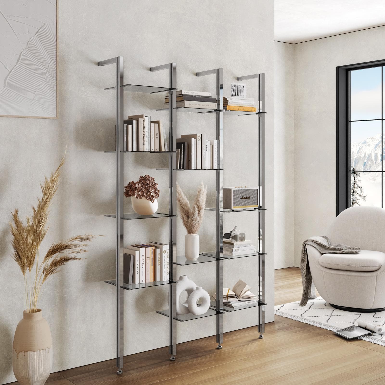 Libreria regolabile 122x190-200h cm in alluminio cromo con 12 ripiani in vetro temperato - Zed