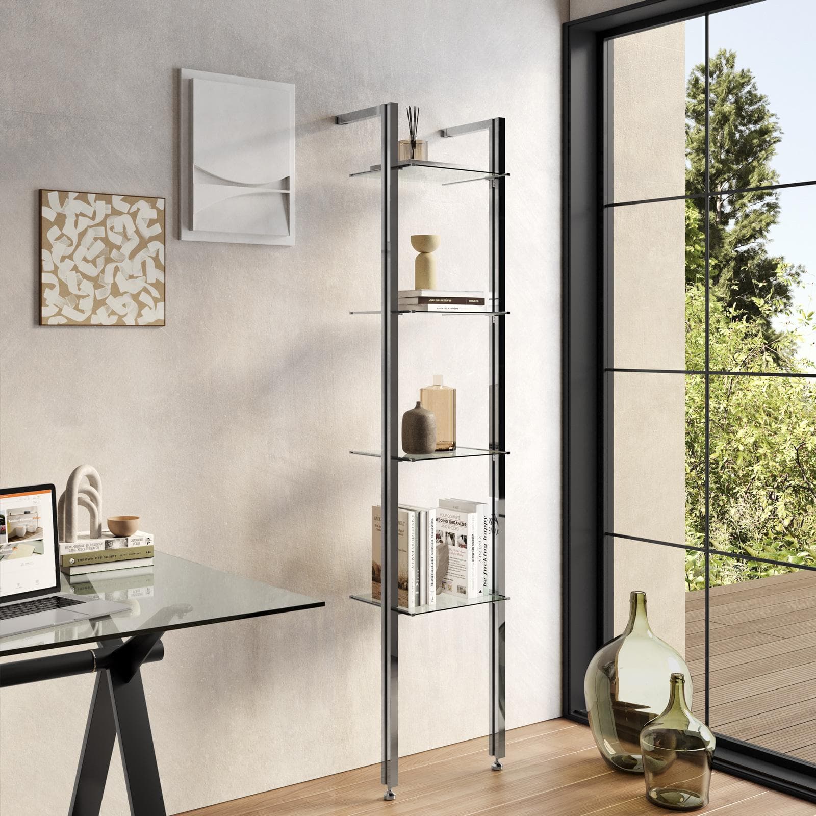 Libreria regolabile 42x190-200h cm in alluminio cromo con 4 ripiani in vetro temperato - Zed