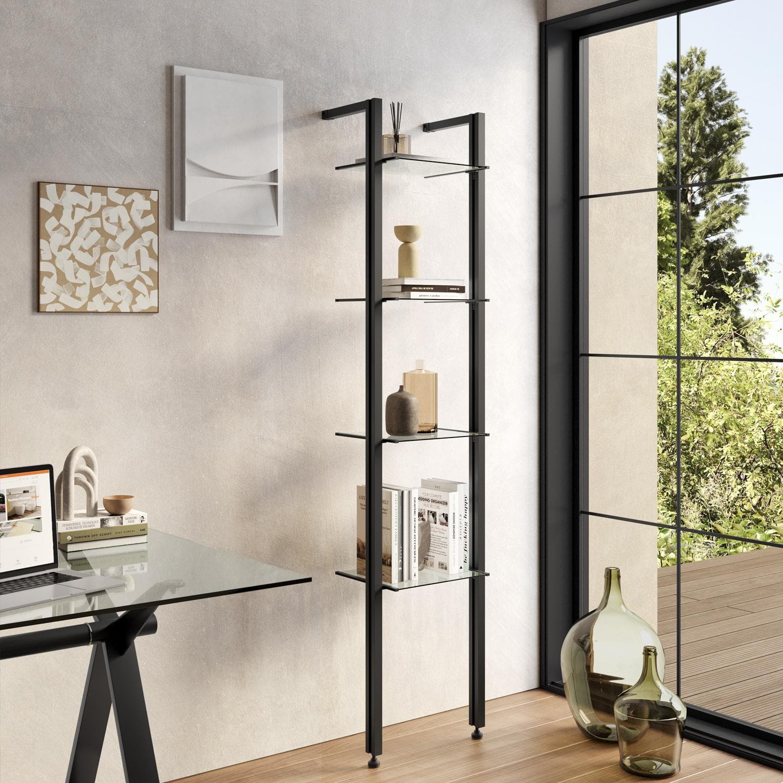 Libreria regolabile 42x190-200h cm in alluminio nero con 4 ripiani in vetro temperato - Zed