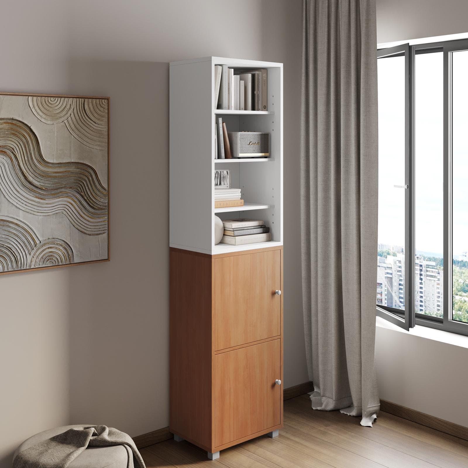 Libreria modulare 49x197h cm bianco con 2 ante effetto ciliegio - Modar