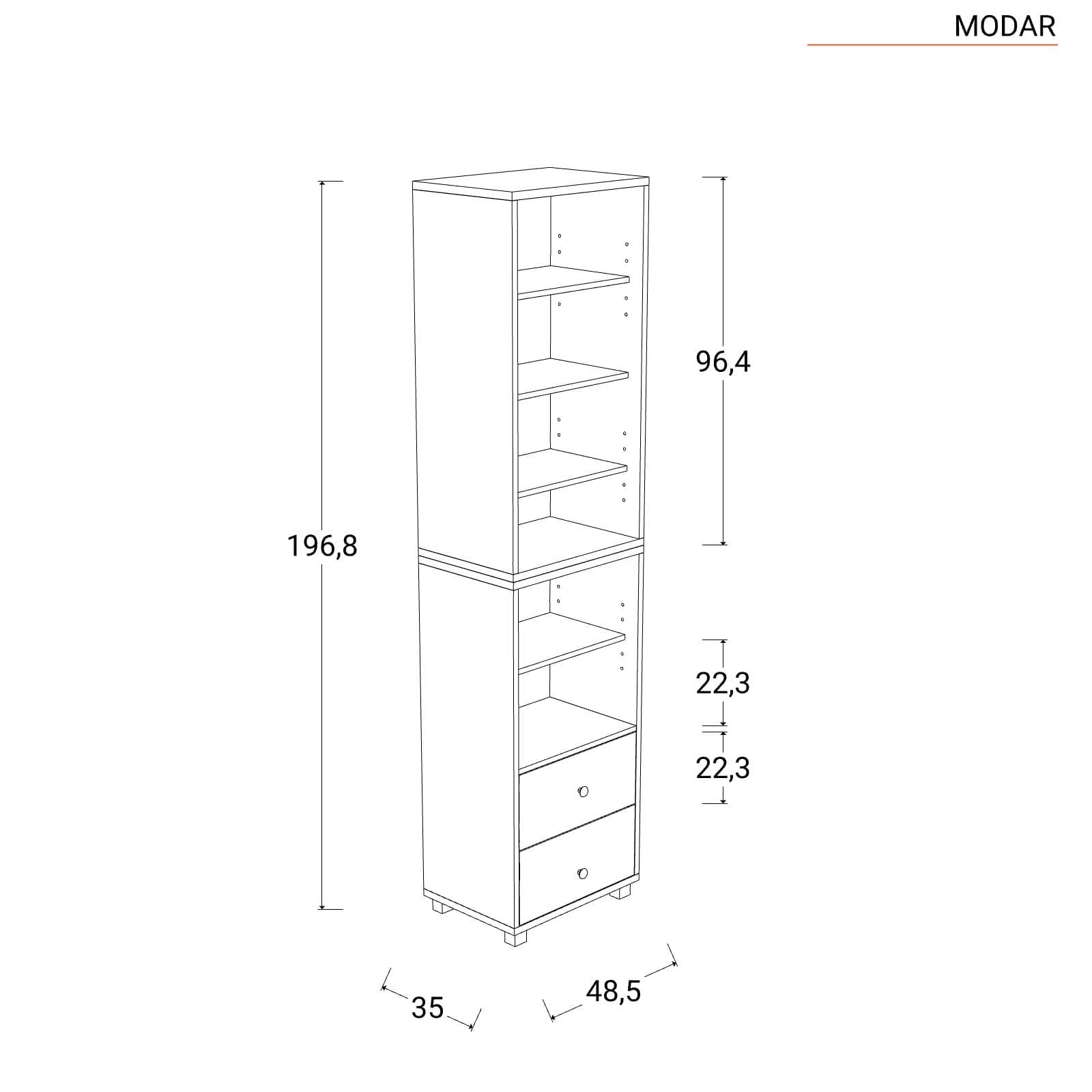 Libreria modulare 49x197h cm bianco con 2 cassetti - Modar