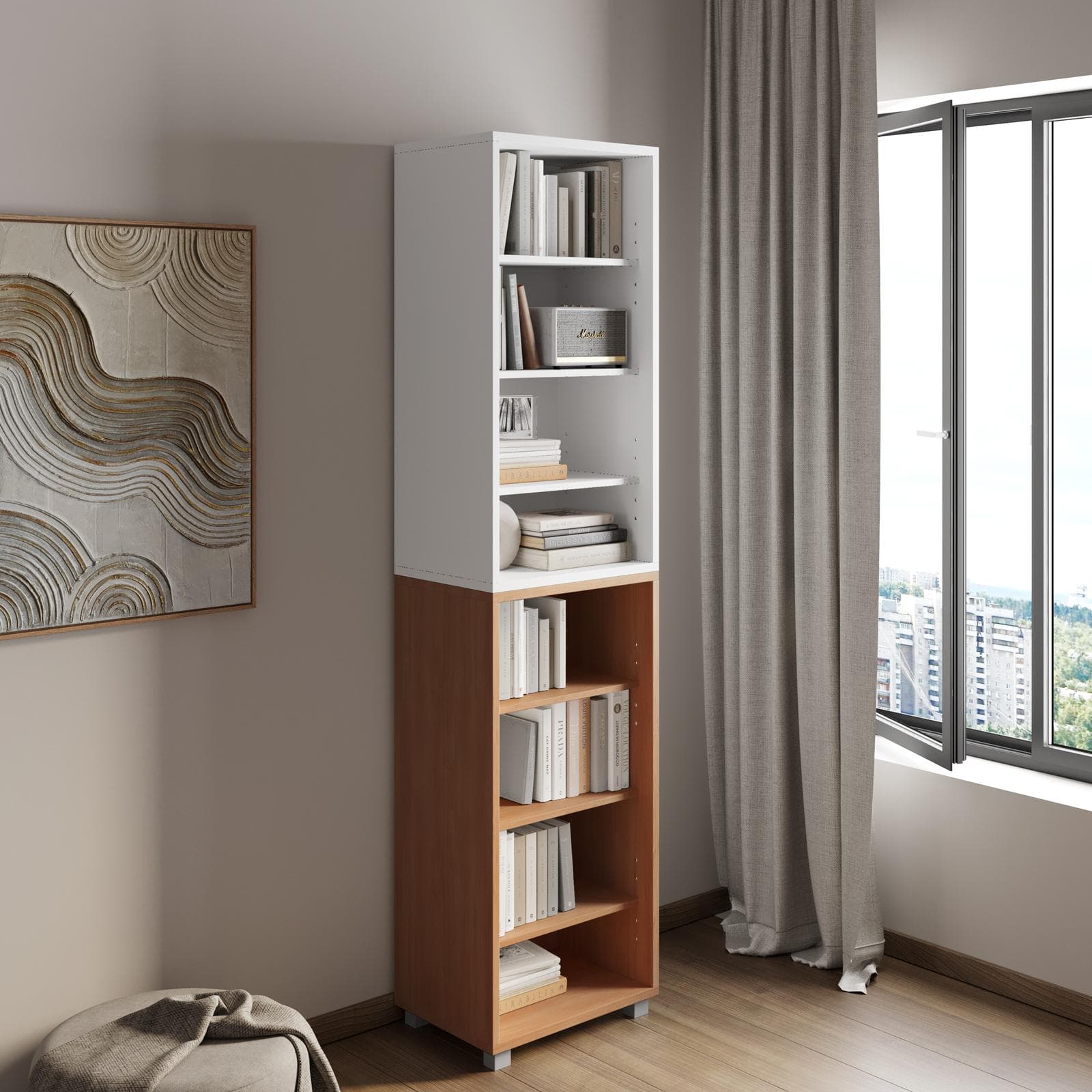 Libreria modulare 49x197h cm bianco ed effetto ciliegio con 7 ripiani regolabili - Modar