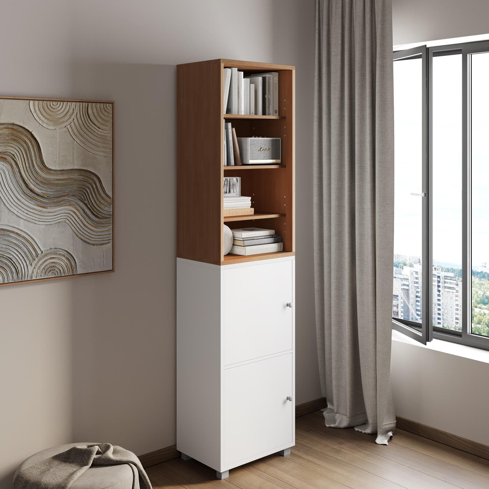 Libreria modulare 49x197h cm effetto ciliegio con 2 ante bianche - Modar