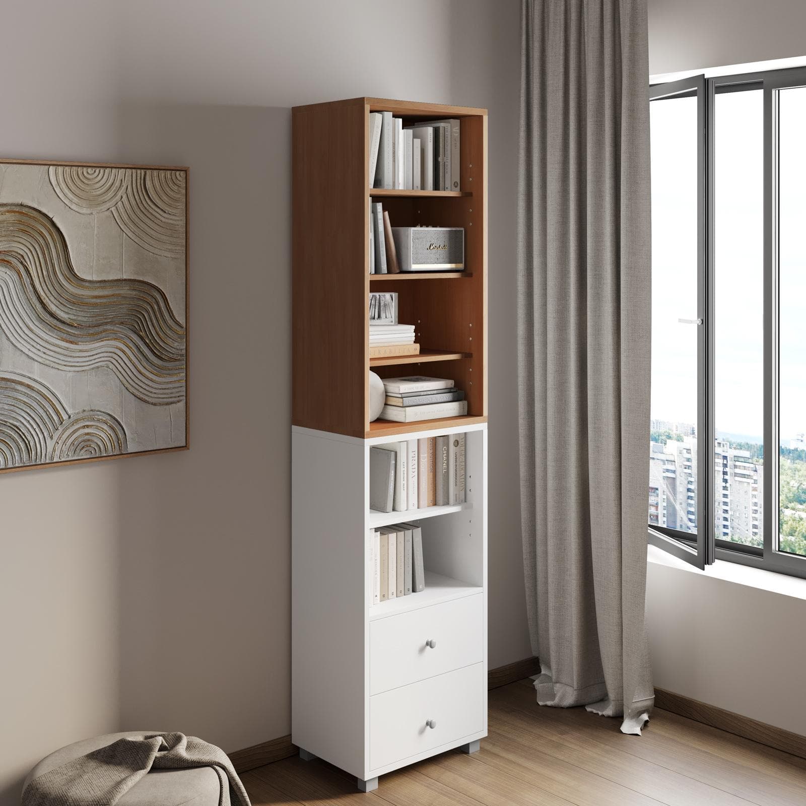 Libreria modulare 49x197h cm effetto ciliegio con 2 cassetti bianchi - Modar