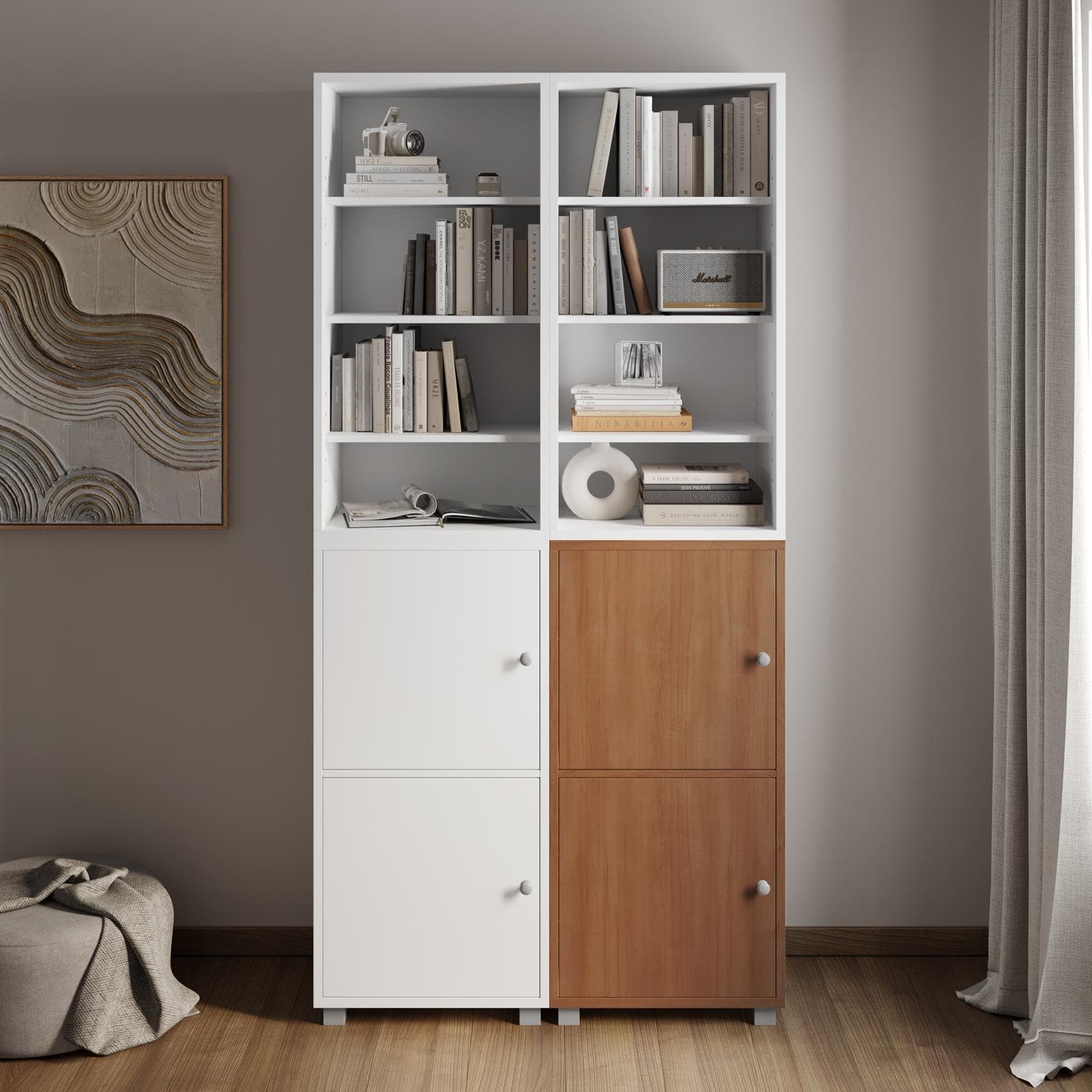 Libreria modulare 97x197h cm bianca con 2 ante ciliegio - Modar