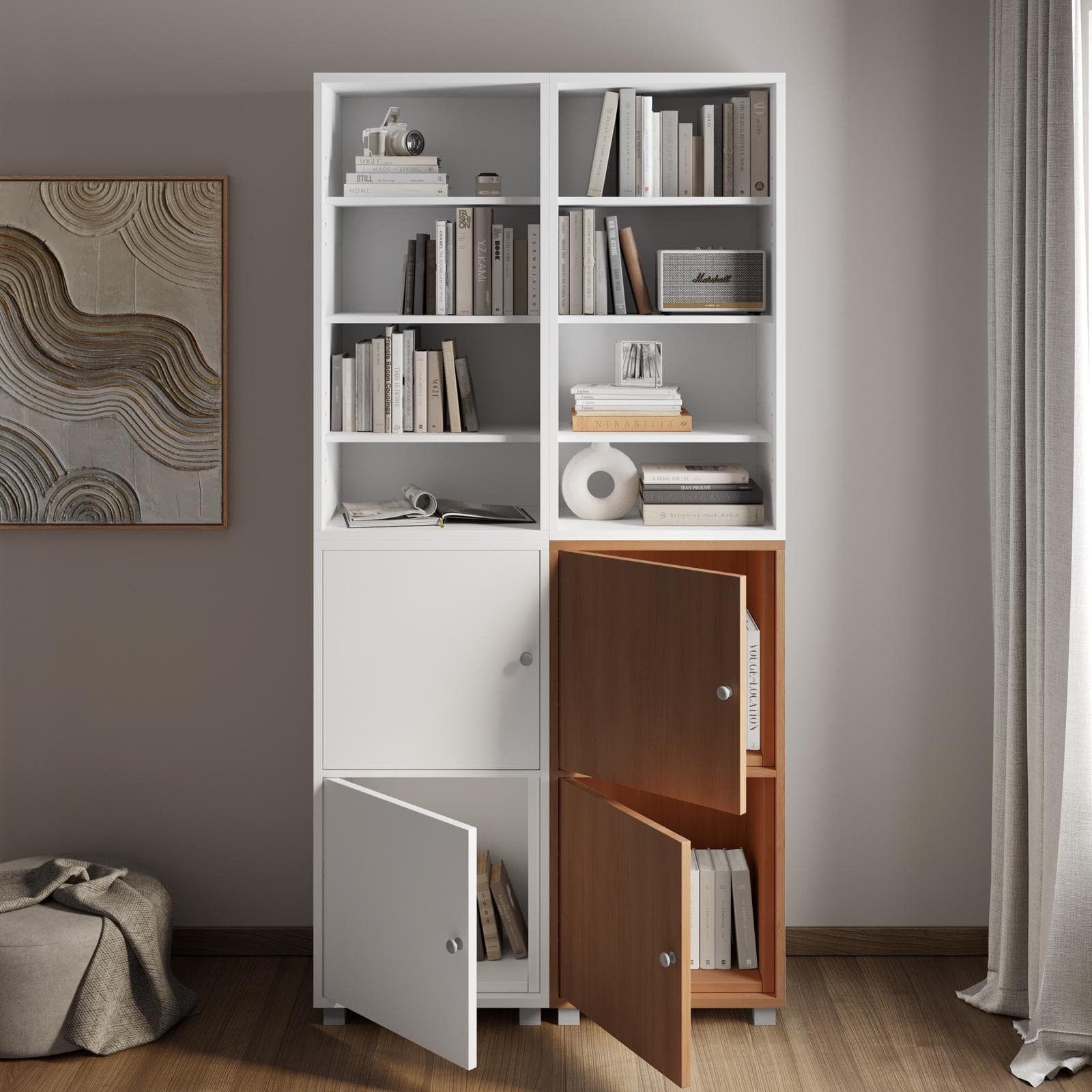 Libreria modulare 97x197h cm bianca con 2 ante ciliegio - Modar