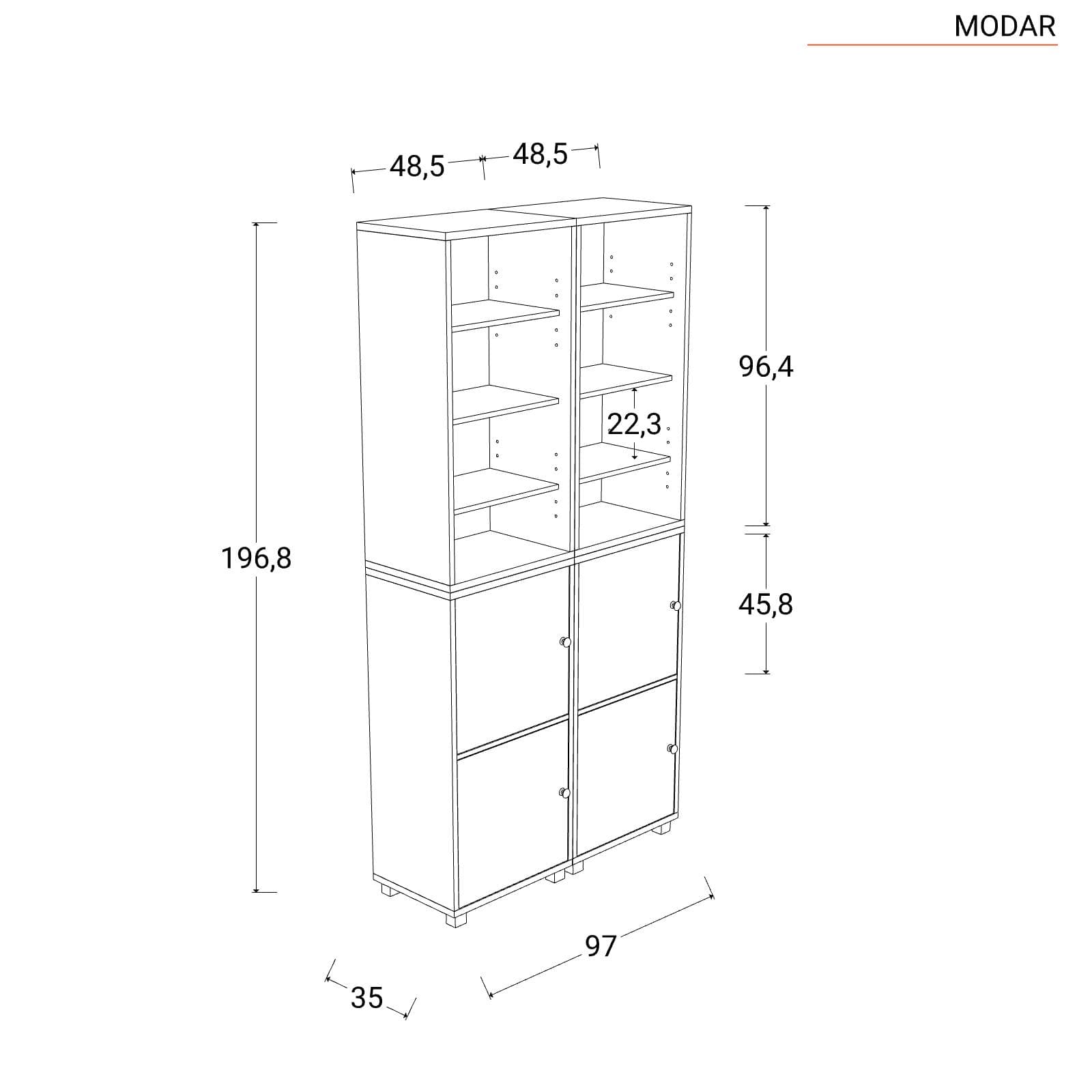 Libreria modulare 97x197h cm bianca con 2 ante ciliegio - Modar