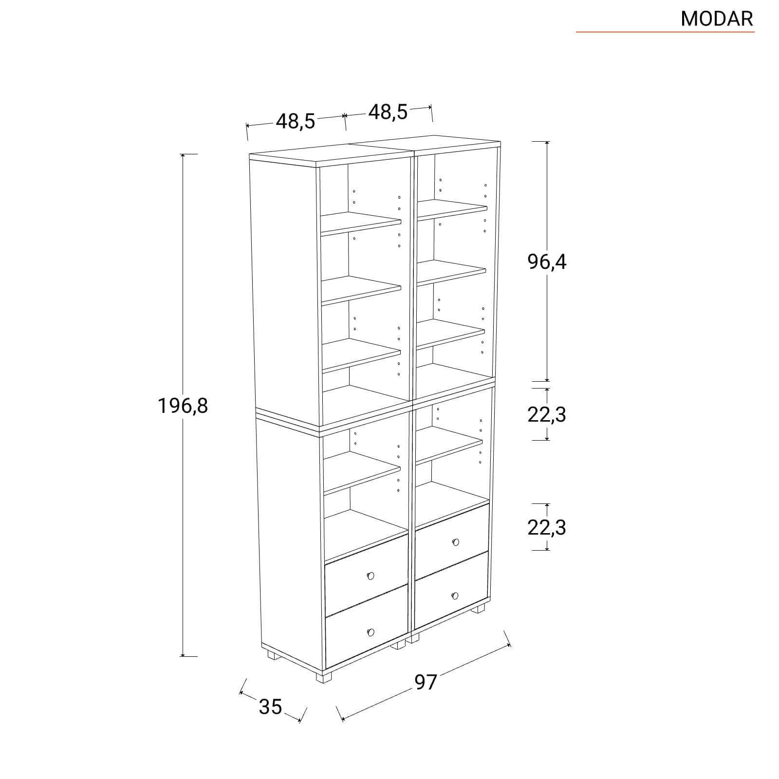 Libreria modulare 97x197h cm bianco con 4 cassetti - Modar