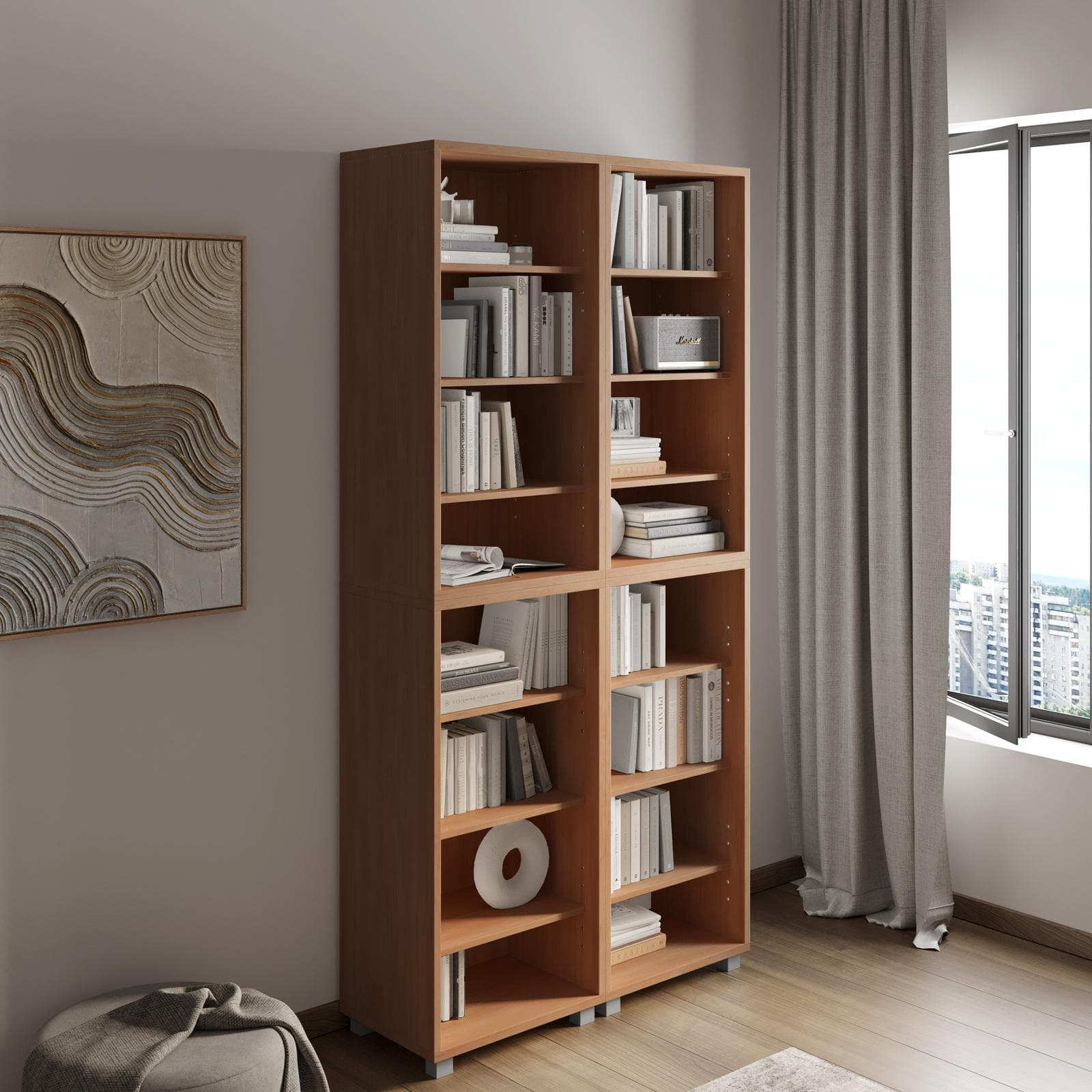 Libreria modulare 97x197h cm effetto ciliegio con 14 ripiani regolabili - Modar