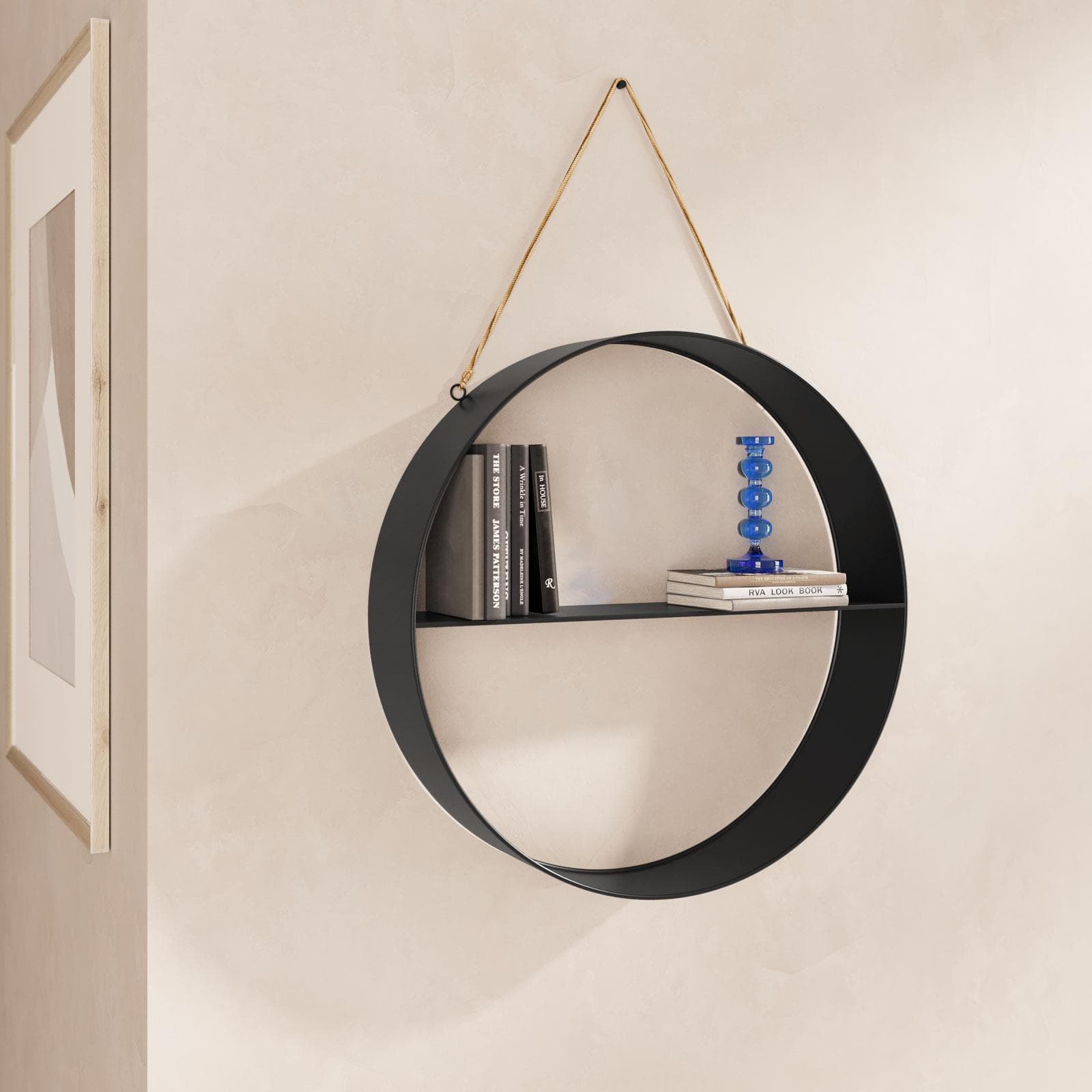 Libreria sospesa rotonda 55 cm in metallo nero gancio in corda naturale - Dalgar