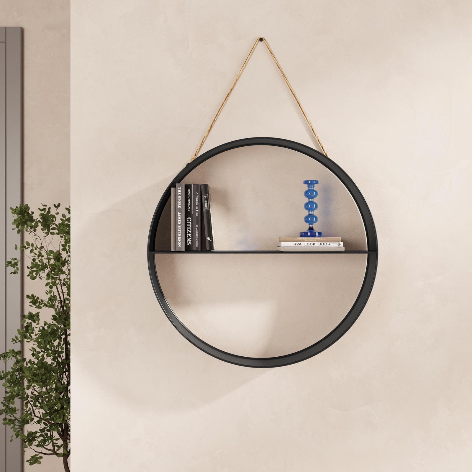 Libreria sospesa rotonda 55 cm in metallo nero gancio in corda naturale - Dalgar